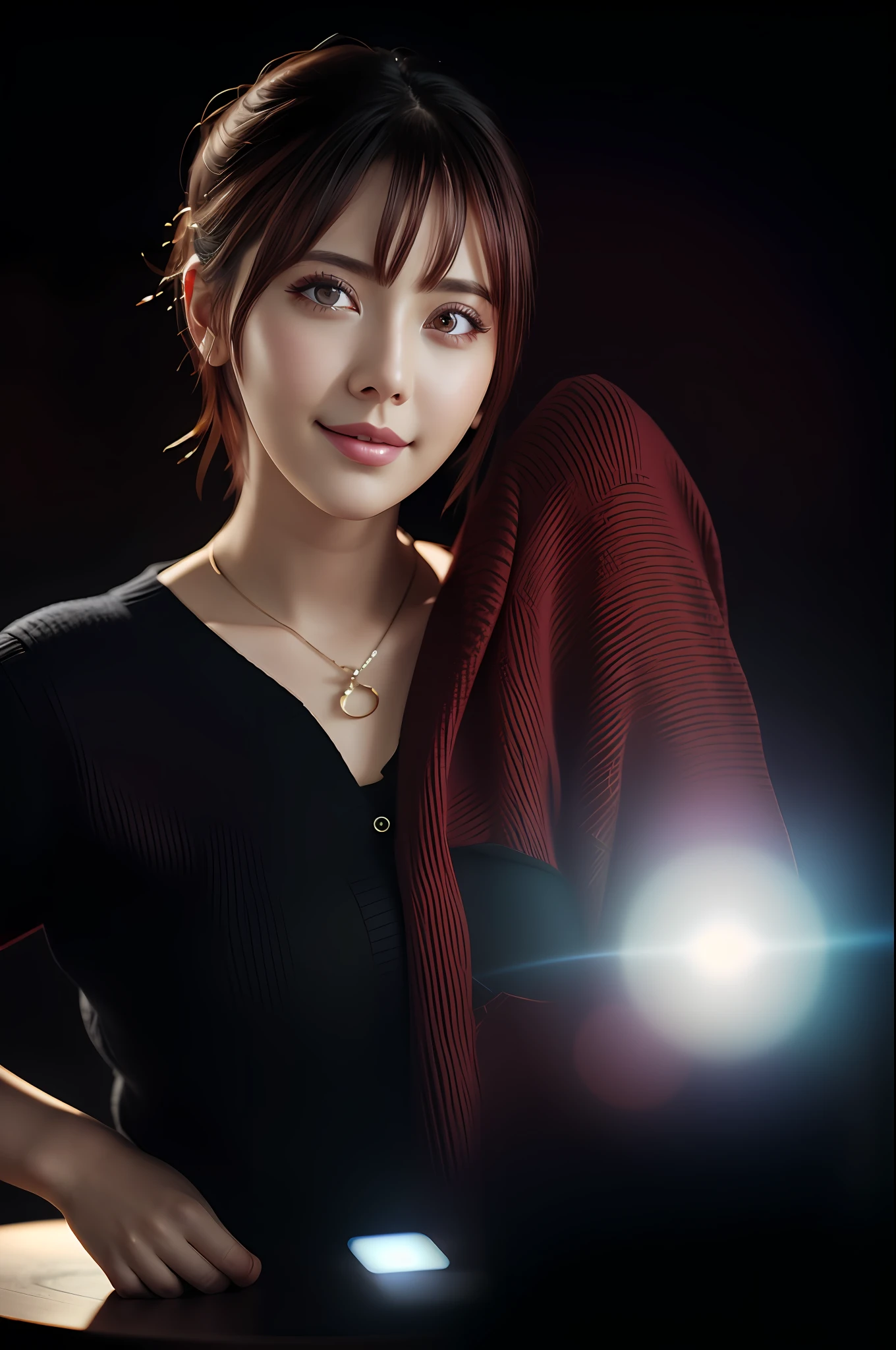 absurdres, 1girl, star eye, blush, (realistic:1.5), (masterpiece, Extremely detailed CG unity 8k wallpaper, best quality, highres:1.2), (ultra_detailed, UHD:1.2), (pixiv:1.3), perfect illumination, distinct, (bishoujo:1.2), looking at viewer, unreal engine, sidelighting, perfect face, detailed face, beautiful eyes, pretty face, (bright skin:1.3), idol, (abs), ulzzang-6500-v1.1, soft smile, upper body, (dark red hair), (simple background), ((dark background)), (depth of field), close-up, selfie