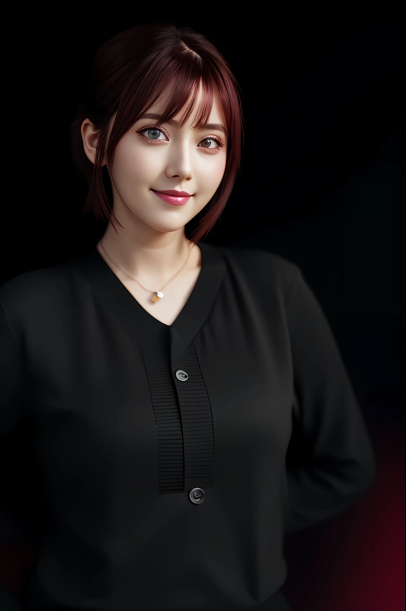 absurdres, 1girl, star eye, blush, (realistic:1.5), (masterpiece, Extremely detailed CG unity 8k wallpaper, best quality, highres:1.2), (ultra_detailed, UHD:1.2), (pixiv:1.3), perfect illumination, distinct, (bishoujo:1.2), looking at viewer, unreal engine, sidelighting, perfect face, detailed face, beautiful eyes, pretty face, (bright skin:1.3), idol, (abs), ulzzang-6500-v1.1, soft smile, upper body, (dark red hair), (simple background), ((dark background)), (depth of field), close-up, selfie