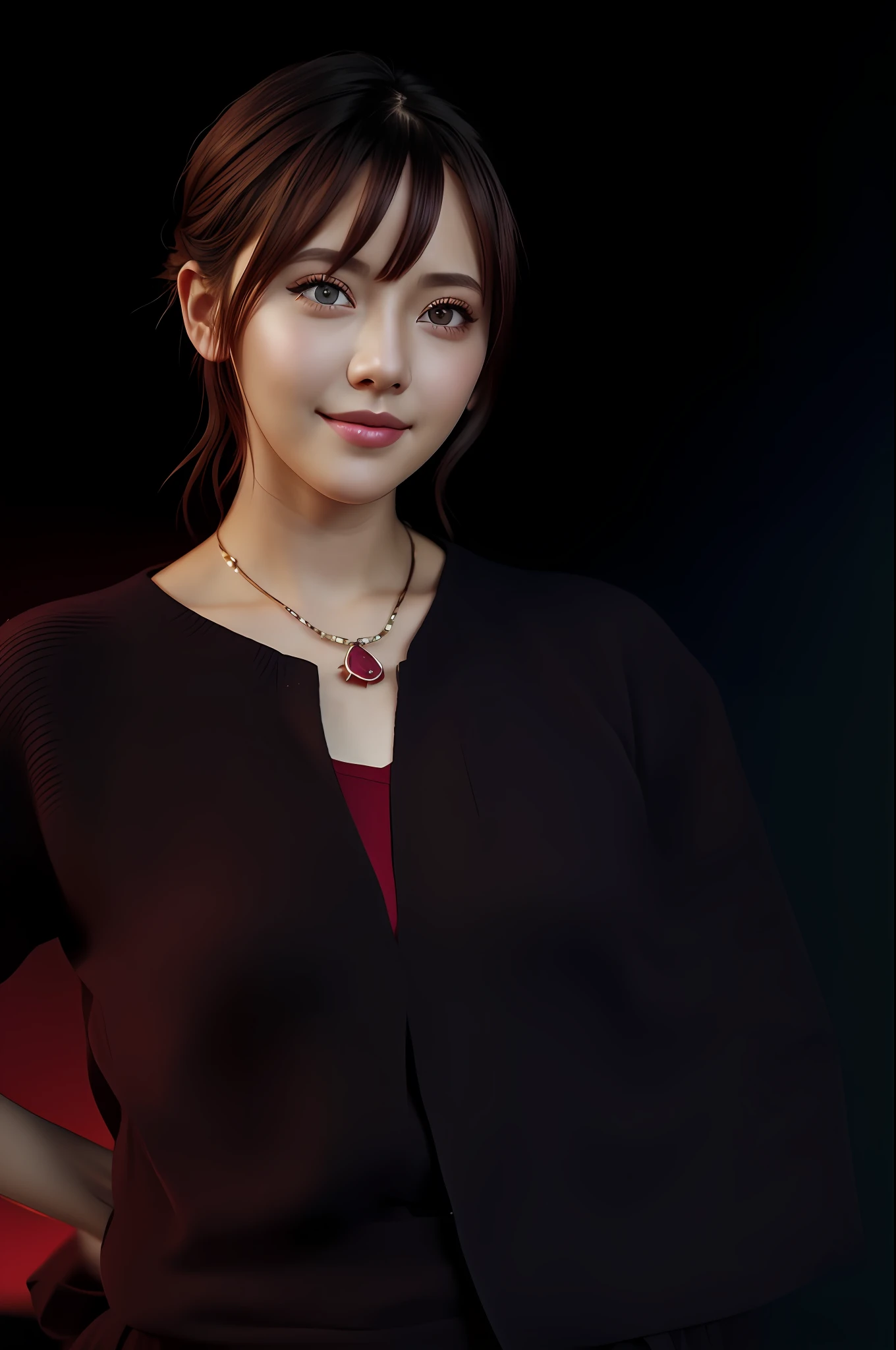 absurdres, 1girl, star eye, blush, (realistic:1.5), (masterpiece, Extremely detailed CG unity 8k wallpaper, best quality, highres:1.2), (ultra_detailed, UHD:1.2), (pixiv:1.3), perfect illumination, distinct, (bishoujo:1.2), looking at viewer, unreal engine, sidelighting, perfect face, detailed face, beautiful eyes, pretty face, (bright skin:1.3), idol, (abs), ulzzang-6500-v1.1, soft smile, upper body, (dark red hair), (simple background), ((dark background)), (depth of field), close-up, selfie