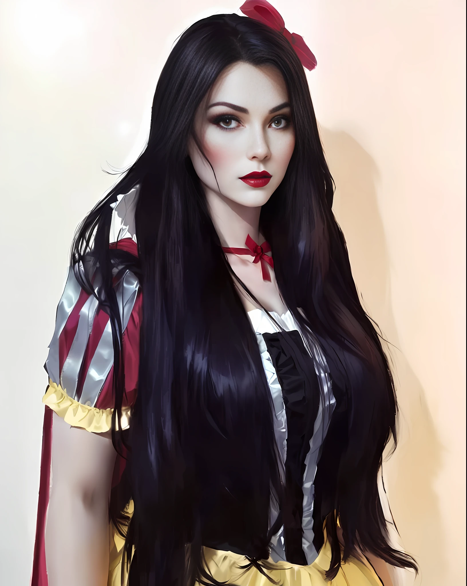 Araffe dressed as a snow white with a red bow and a red bow, beautiful vampire queen, realistic cosplay, Marceline from Adventure Time, anime girl cosplay, 4K HD snow white hair, beautiful vampire queen, snow white as a d &d fighter, snow white, anime cosplay, cosplay, vampire Carmilla, with long dark hair, on the streets,torn clothes,large breasts