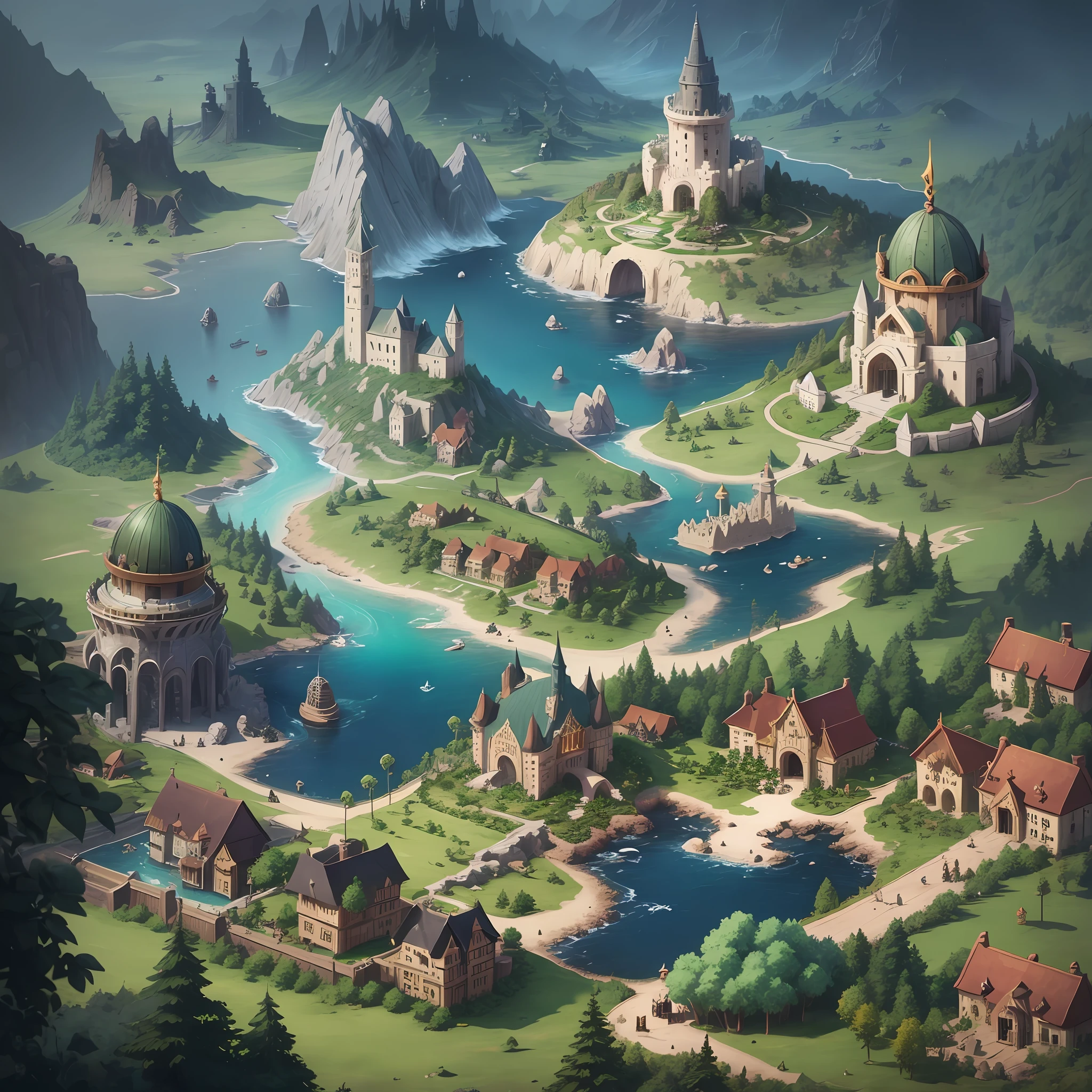 Make a World Map with kingdoms, forests, ocean, towers, dark theme, ultra hd, well done, RPG, 2d, Great
