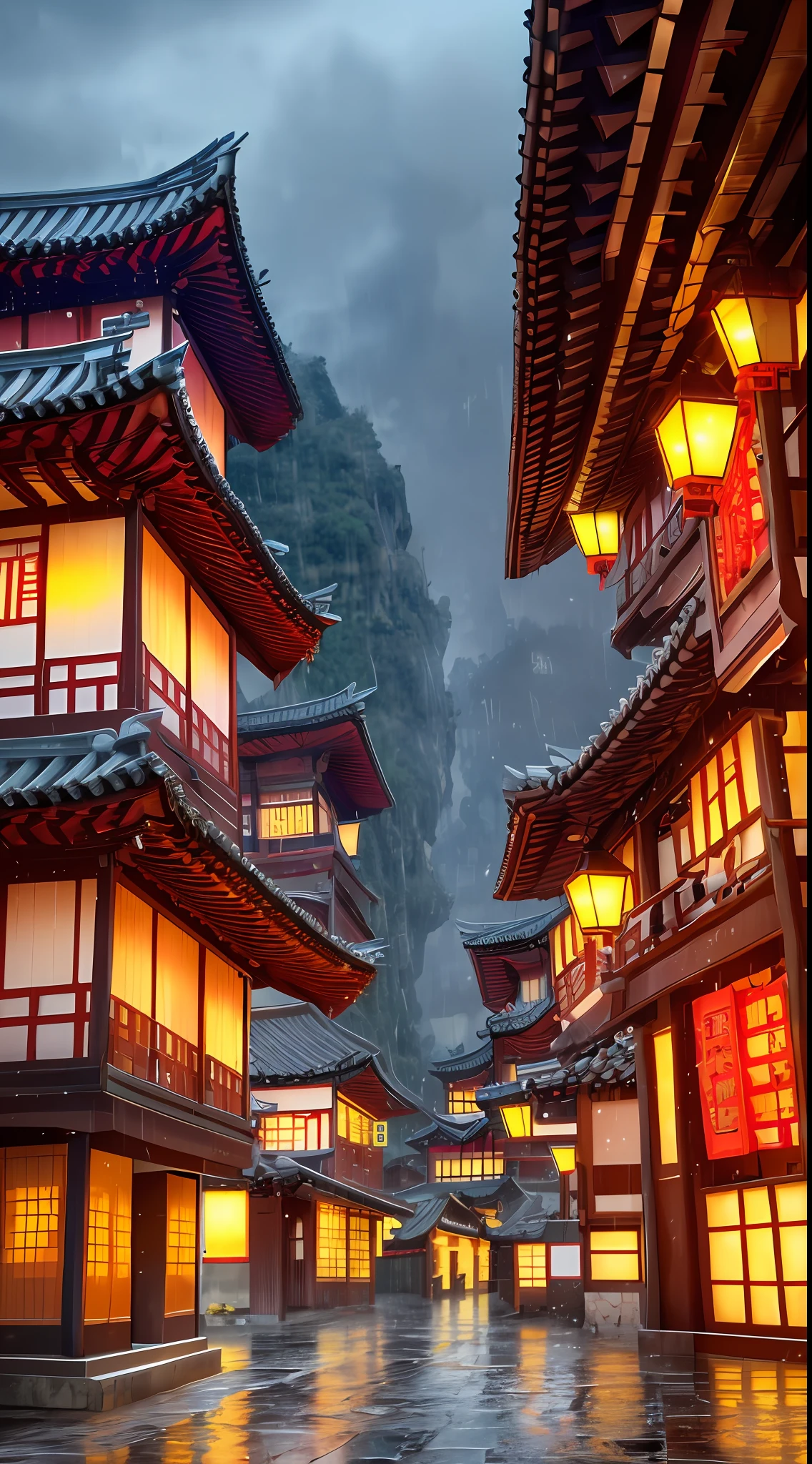 arafed view of a village with a lot of lights on the buildings, dreamy chinese town, chinese village, amazing wallpaper, japanese town, japanese village, hyper realistic photo of a town, old asian village, japanese city, by Raymond Han, rainy evening, cyberpunk chinese ancient castle, beautifully lit buildings, at evening during rain, beautiful and aesthetic, photography, cinematic, 8k, high detailed ((Heavy rain)))