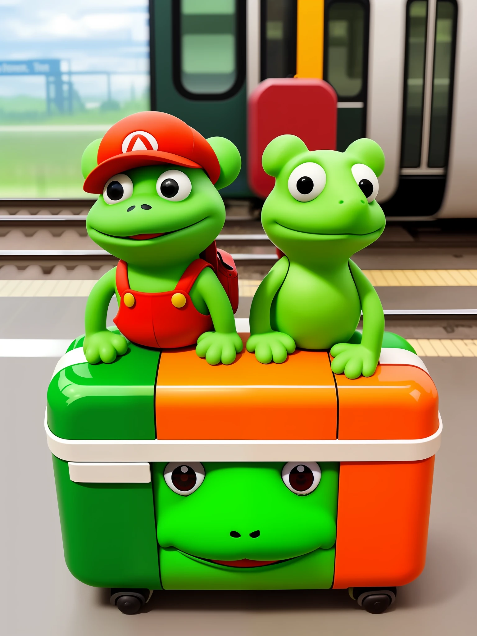 there are two stuffed toys that sit on a suitcase at the train station, Pepe the frogs at war, Pepe the miner inspired by Luigi Casimir, the artistic style of Monet and da Vinci inspired by John F. Peto, inspired by Jean Tabot, inspired by Peter de Seve, formal design, Todd Schorr,super realistic