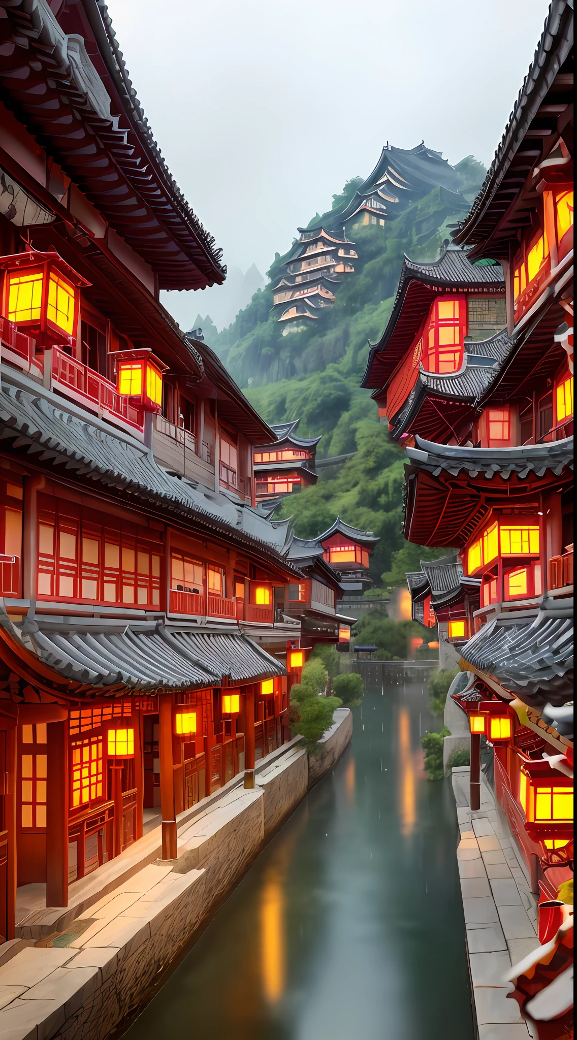 arafed view of a village with a lot of lights on the buildings, dreamy chinese town, chinese village, amazing wallpaper, japanese town, japanese village, hyper realistic photo of a town, old asian village, japanese city, by Raymond Han, rainy evening, cyberpunk chinese ancient castle, beautifully lit buildings, at evening during rain, beautiful and aesthetic, photography, cinematic, 8k, high detailed ((Heavy rain)))