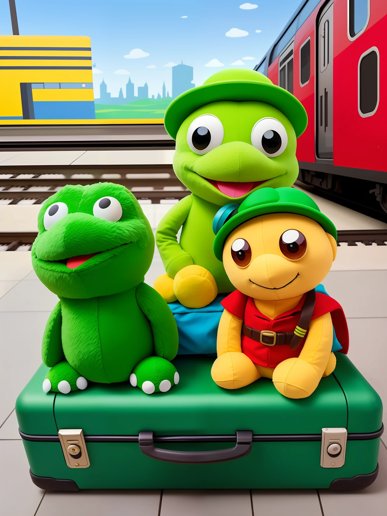 there are two stuffed toys that sit on a suitcase at the train station, Pepe the frogs at war, Pepe the miner inspired by Luigi Casimir, the artistic style of Monet and da Vinci inspired by John F. Peto, inspired by Jean Tabot, inspired by Peter de Seve, formal design, Todd Schorr,super realistic