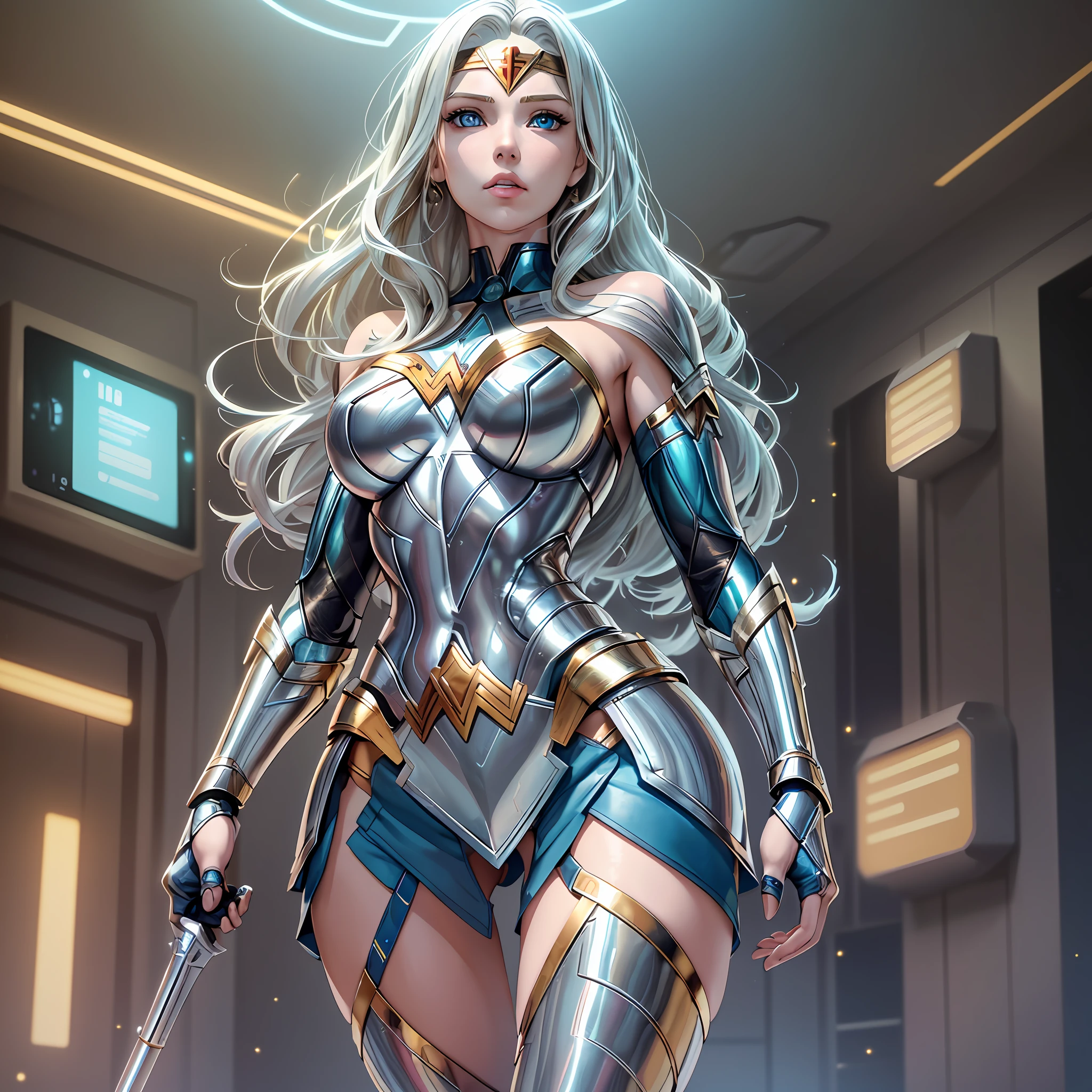 (((beautiful girl)| (beautiful blonde)| (wonder woman)), ((cybernetic:0.9)|( futuristic:1.2)), ((8k wallpaper:1.2)|( high resolution)), ((lighting unit:1.3)|( perfect light and shadow)), ((gold:1.2)|( silver:1.2)), ((8k wallpaper:1.2)|( high definition)), ((floating)|( levitating)), ((blue eyes)|( green eyes)), ((blonde hair:1.1)|( silver hair:1.2)), beautiful and delicate, metallic dress, holographic computer, futuristic environment, dynamic angle.