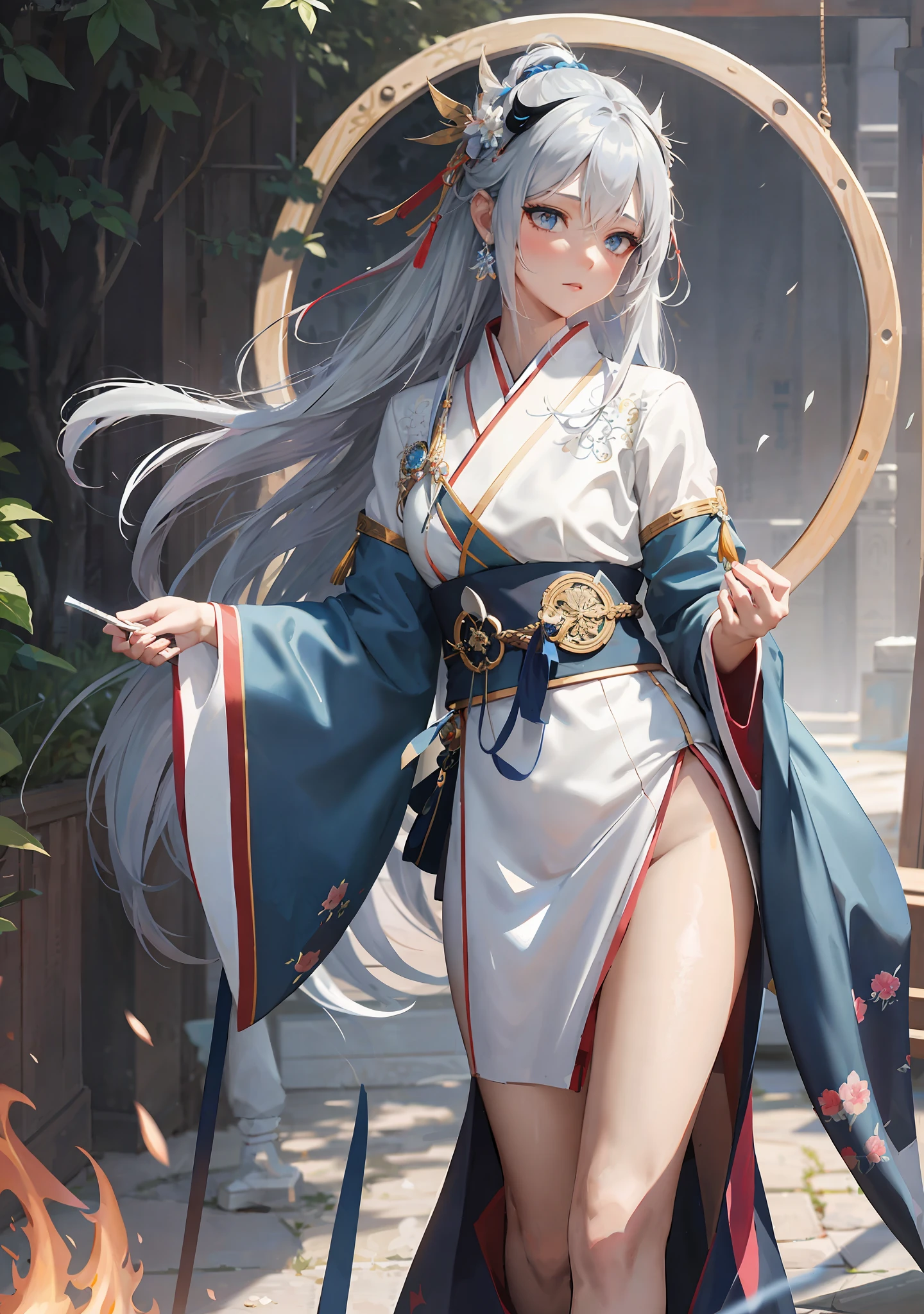 anime - style woman in a white and blue outfit with a sword, artwork in the style of guweiz, palace ， a girl in hanfu, white haired deity, trending on cgstation, guweiz on artstation pixiv, guweiz on pixiv artstation, extremely detailed artgerm, japanese goddess, guweiz