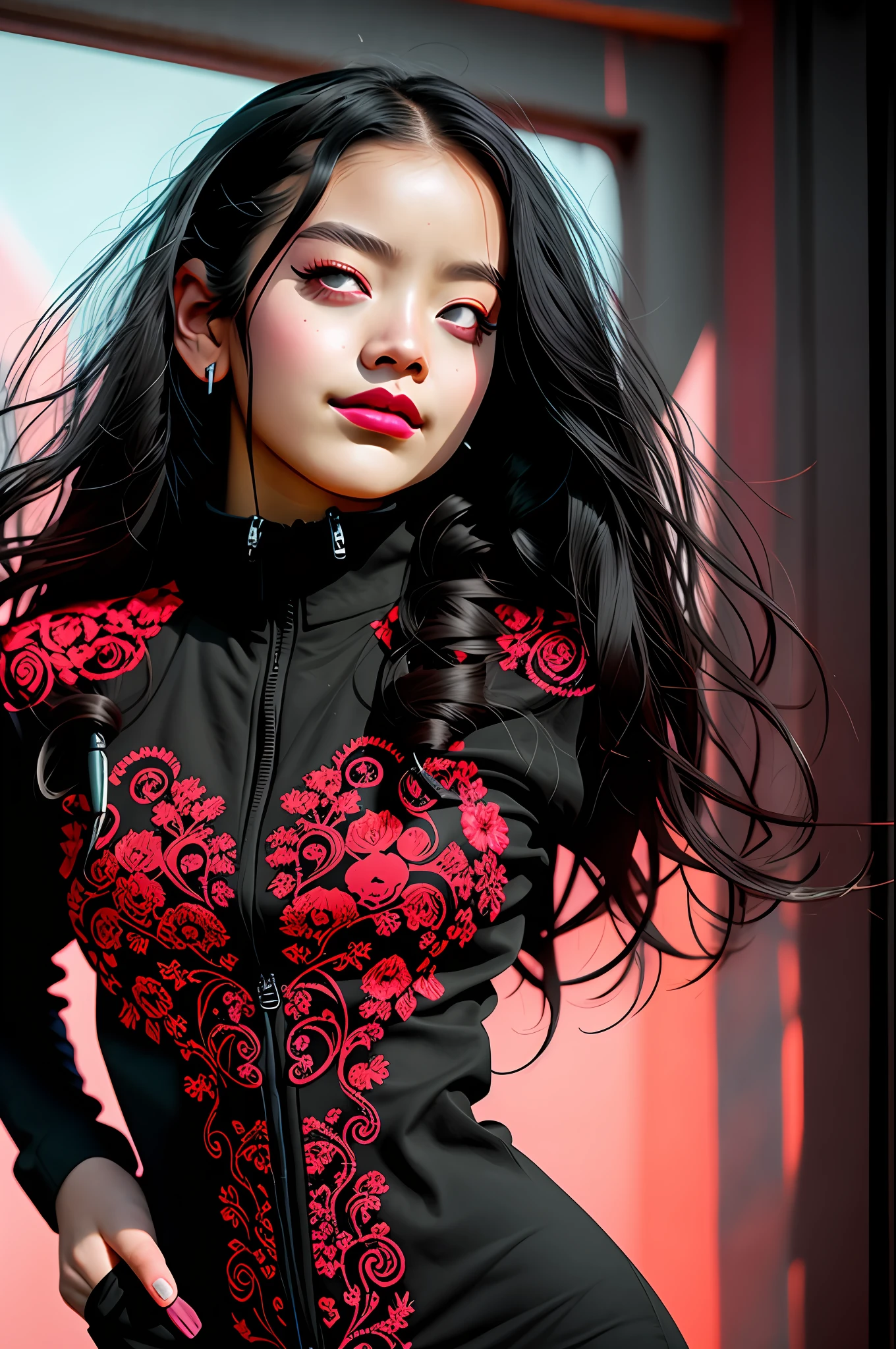official art, unity 8k wallpaper, ultra detailed, beautiful and aesthetic, High quality, beautiful, masterpiece, best quality, (zentangle, mandala, tangle, entangle:0.6), flat color, limited palette, low contrast, 1girl, serafuku, long straight black hair, lycoris flower, goat skull, (red, black), (horror), (gloomy), blood, gasmask