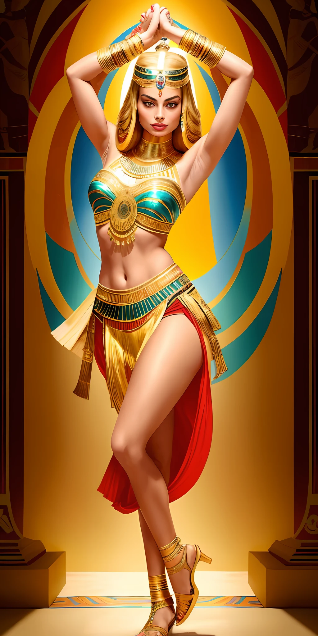 Create Margot Robbie dressed in Egyptian costumes, with long hip-length blonde hair, performing a dance. The artwork should capture the grace and fluidity of your movements, with intricate details in your clothes and accessories. Use a color palette inspired by the vibrant tones found in ancient Egyptian murals and wall paintings to create a visually stunning representation.