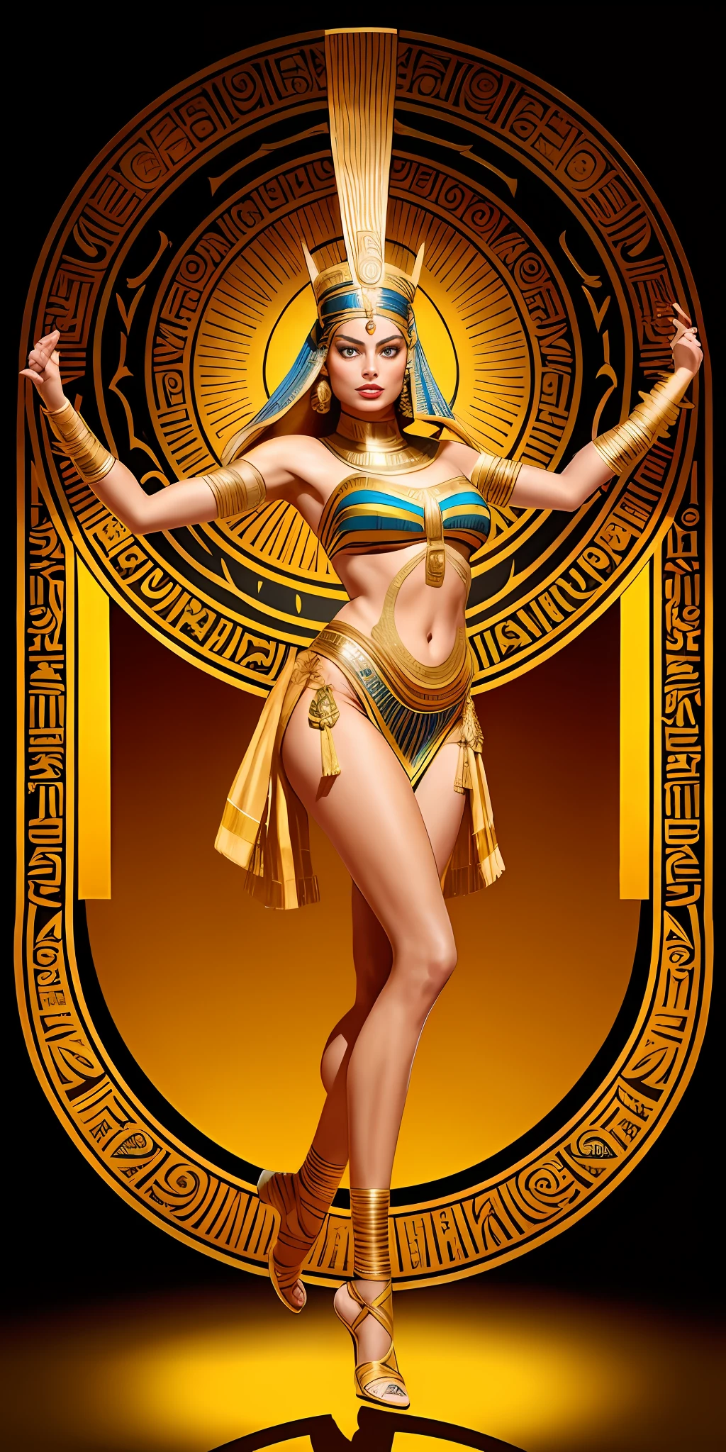 Create Margot Robbie dressed in Egyptian costumes, with long hip-length blonde hair, performing a dance. The artwork should capture the grace and fluidity of your movements, with intricate details in your clothes and accessories. Use a color palette inspired by the vibrant tones found in ancient Egyptian murals and wall paintings to create a visually stunning representation.