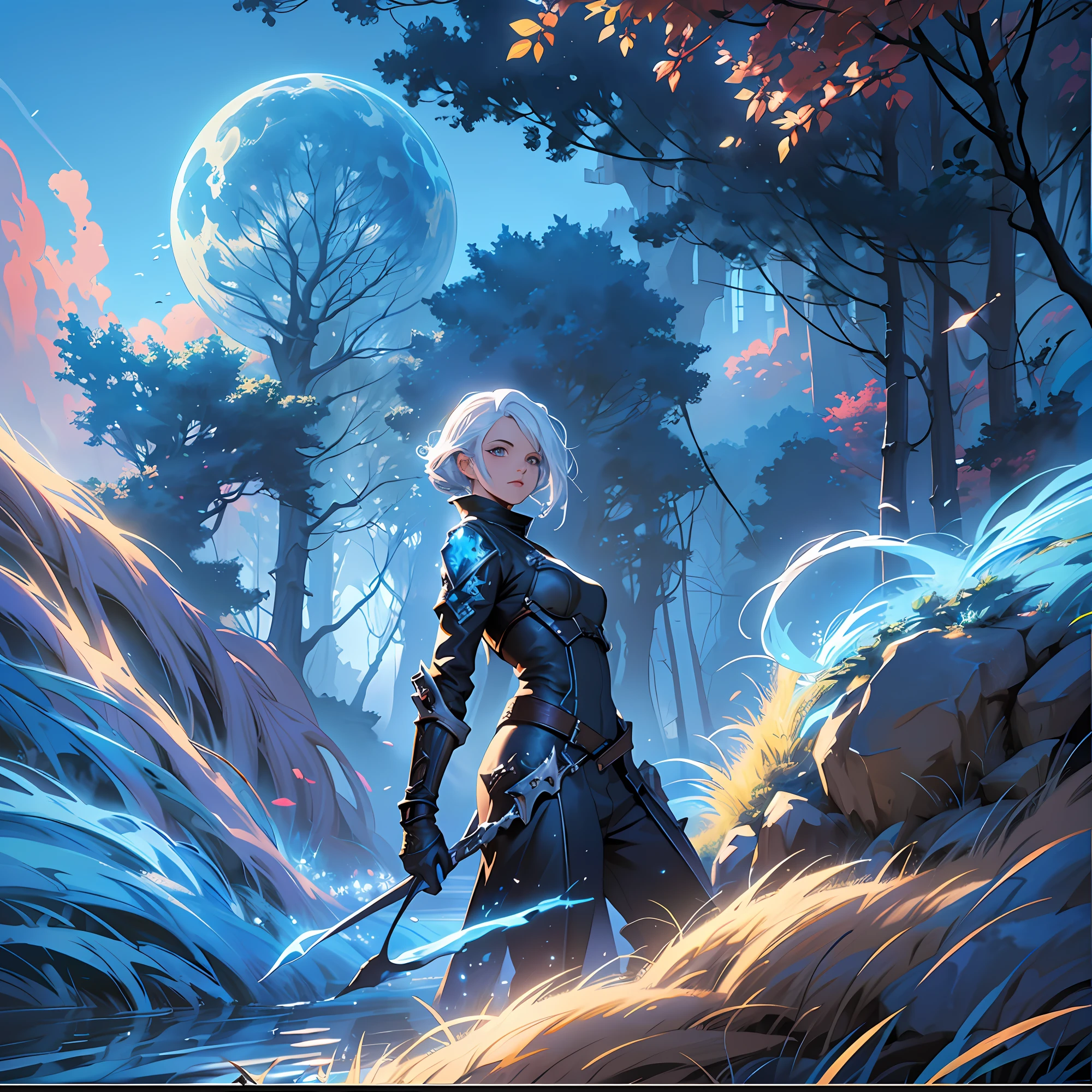 Masterpiece, (Image Dimension: 2.2), Best Quality, (fantasy, Blue Sky, Cinematic Lighting, Extremely Detailed: 1.3), fantasy Environment, Platinum Hair, Detailed Background, Digital Art, Illustration, 4K, splash art, techwear, olhos vermelhos, reflexo relista, campo aberto