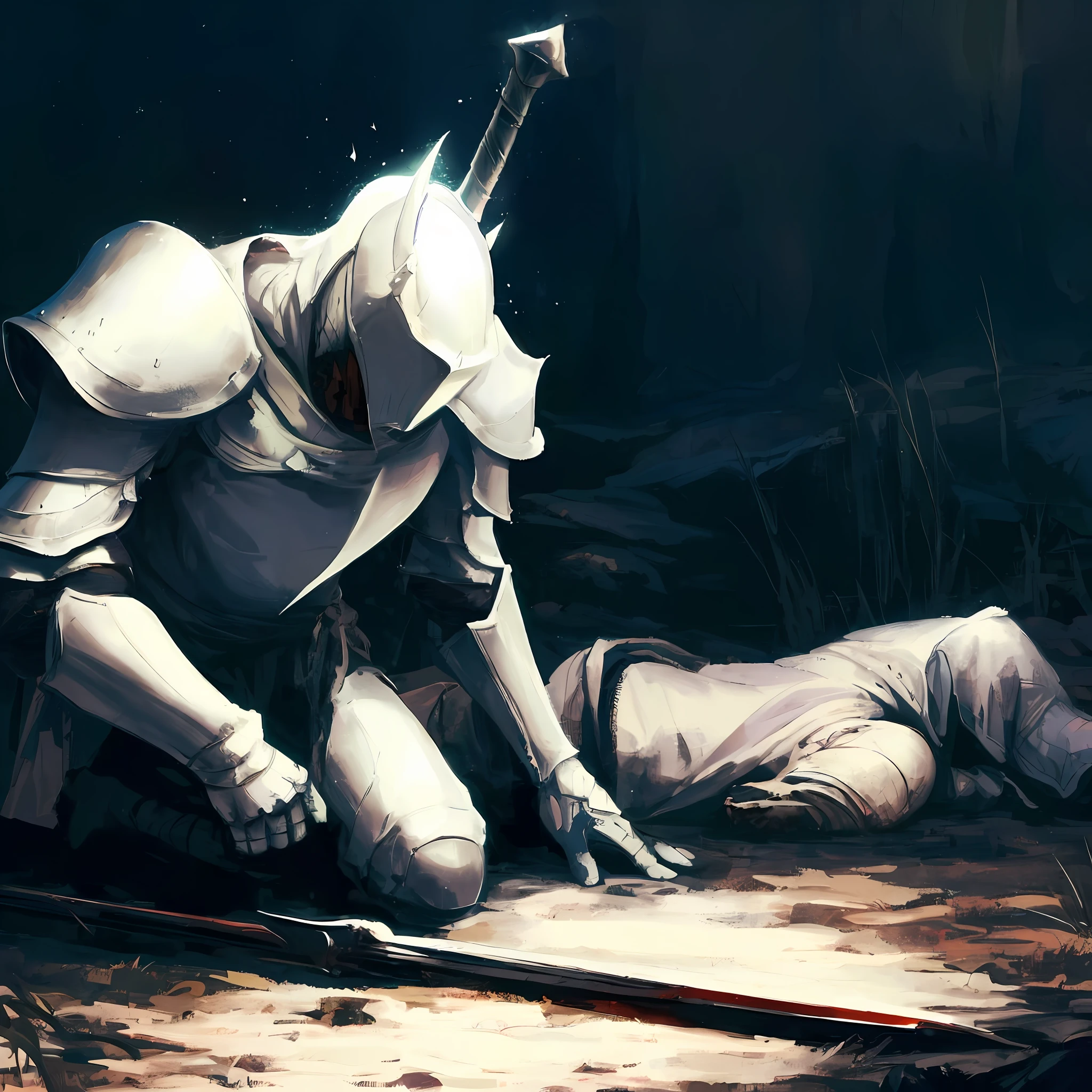 there is a man in a knight suit kneeling over a dead man, fallen knight, after a battle, dark souls art, dark souls art style, dark souls inspired, dark souls style, the dark souls knight, cyril rolando and goro fujita, dark souls knight, by Ludwik Konarzewski, pino daeni and dan mumford