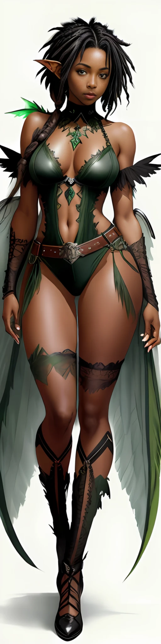 ((a black fairy with short dreadlock hair wearing torn green alternate costume)), translucent, shy and seductive wings, full body, natural pose, art by Luis Royo, freedom, digital illustration, (sci-fi style), perfect anatomy, symmetrical face, well-formed eyes, beautiful face, goblin ears, well-defined hips, with a belt with several pockets, centered, approaching perfection, dynamic,  highly detailed, watercolor painting, art station, concept art, soft and sharp focus, illustration, unique, award-winning, masterpiece, ((very torn clothing showing breasts))