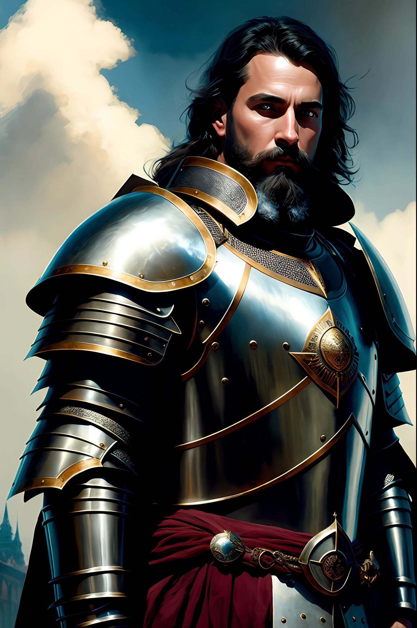 modelshoot style, (highly detailed CG unity 8k wallpapers), body photos of the most beautiful artworks in the world, medieval armor, body portraits, masculinity, professional majestic oil paintings by Ed Blinkey, Atey Ghailan, Studio Ghibli, Jeremy Mann, Greg Manchess, Antonio Moro, Trending on ArtStation, Trending on CGSociety, Intricate, High Detail, Sharp focus, dramatic, photorealistic painting art by midjourney and greg rutkowski, Middle Age Male Knight, Honor