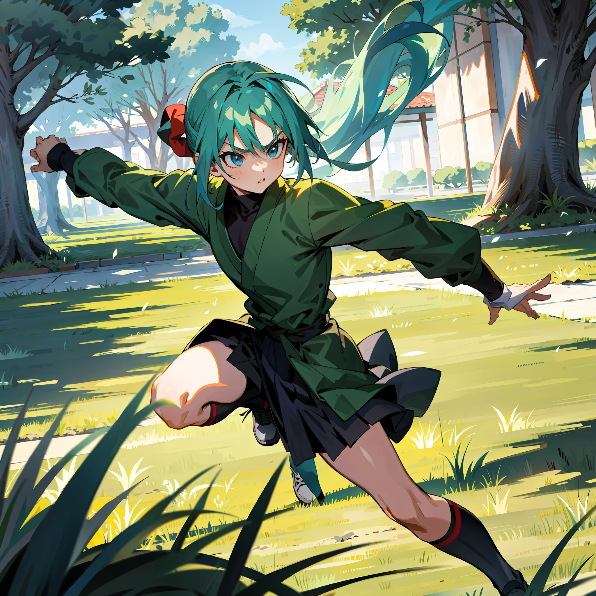Anime combat teacher in grassy courtyard