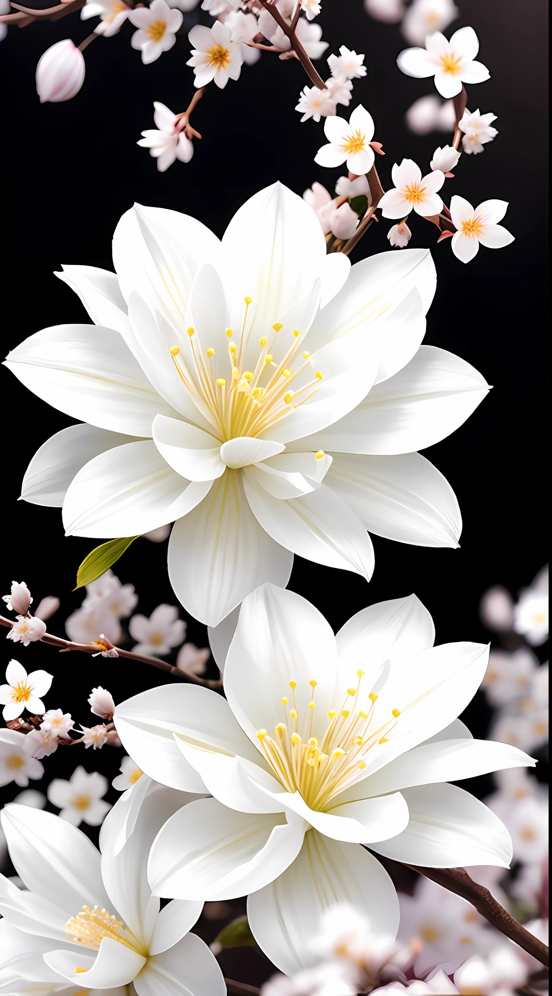 A bouquet of white plum blossoms, ultra-transparent, holy light, beautiful spectral light, dew on petals, twinkle, morning background, transparent droplets, reflected light, bright, light flowing inward, optical, portrait silhouette, sharp focus, magical, intricate, surrealism, fantasy, composition, light, art station trend, pearl, silver patronus cloud pair, caustic surround ray family 16k, ureal ar 23v4 uplight