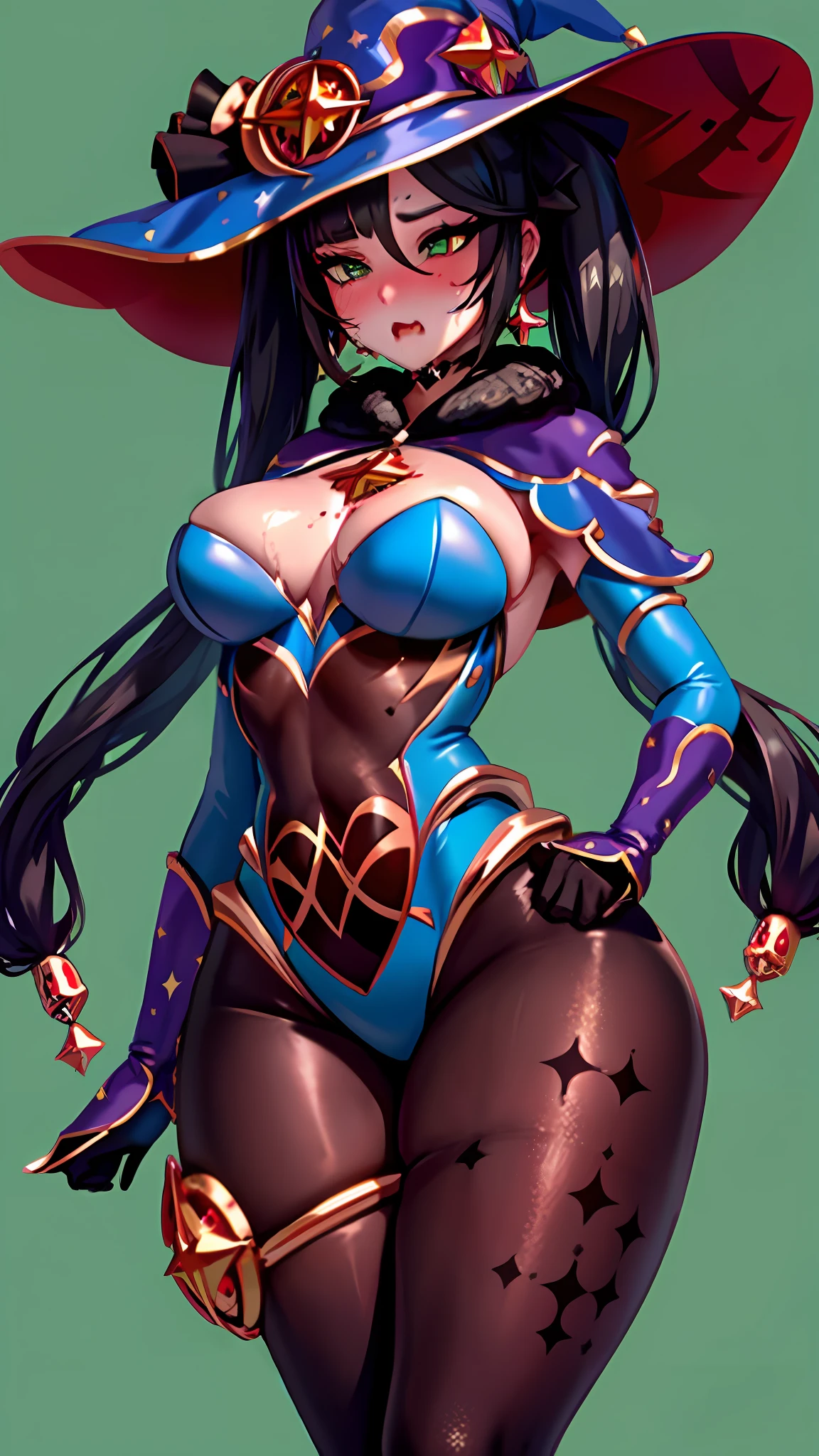 1girl, mona, big hat, huge thighs, slim waist, big breasts, blush, drooling, shiny clothes, empty eyes, ahegao, black hair, green eyes, sweating