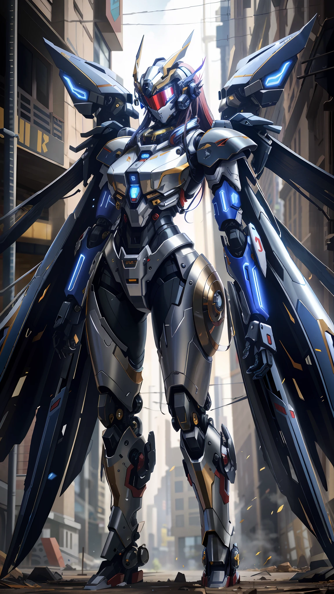 araffe with wings and a red helmet standing in a city, girl in mecha cyber armor, female mecha, an anime large mecha robot, mecha suit, full body mecha suit, cyberpunk anime girl mech, anime robotic mixed with organic, unreal engine render + a goddess, mecha wings, mechanized valkyrie girl, covered in full metal armor