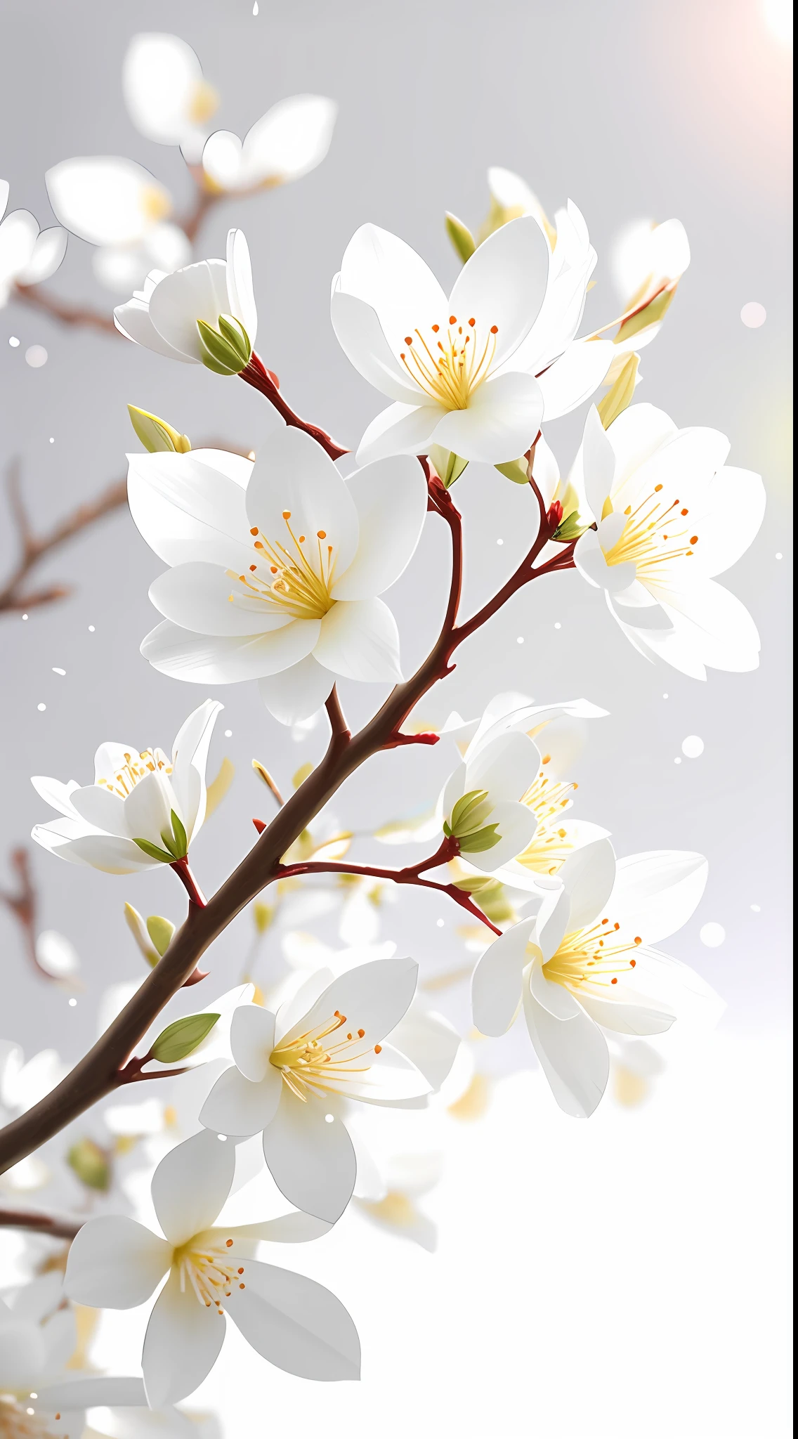 A bouquet of white plum blossoms, ultra-transparent, holy light, beautiful spectral light, dew on petals, twinkle, morning background, transparent droplets, reflected light, bright, light flowing inward, optical, portrait silhouette, sharp focus, magical, intricate, surrealism, fantasy, composition, light, art station trend, pearl, silver patronus cloud pair, caustic surround ray family 16k, ureal ar 23v4 uplight