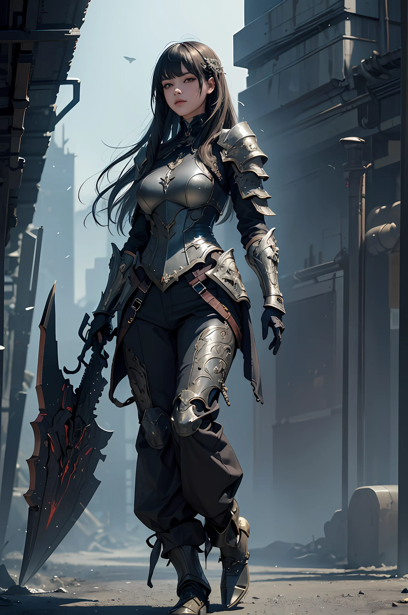 official art, Unity 8k wallpaper, super detailed, beautiful, beautiful, masterpiece, best quality, darkness, atmosphere, mystical, cyberpunk, creepy, literature, art, fashion, mecha,pants, mafia, intricate, ironwork, suit, contemplation, emotional depth, supernatural, 1 girl, solo, neck, full body composition, epic exquisite character art, beautiful armor, extremely detailed art germ, detailed digital anime art, artstation pixiv On the artistic germ, Armor Girl