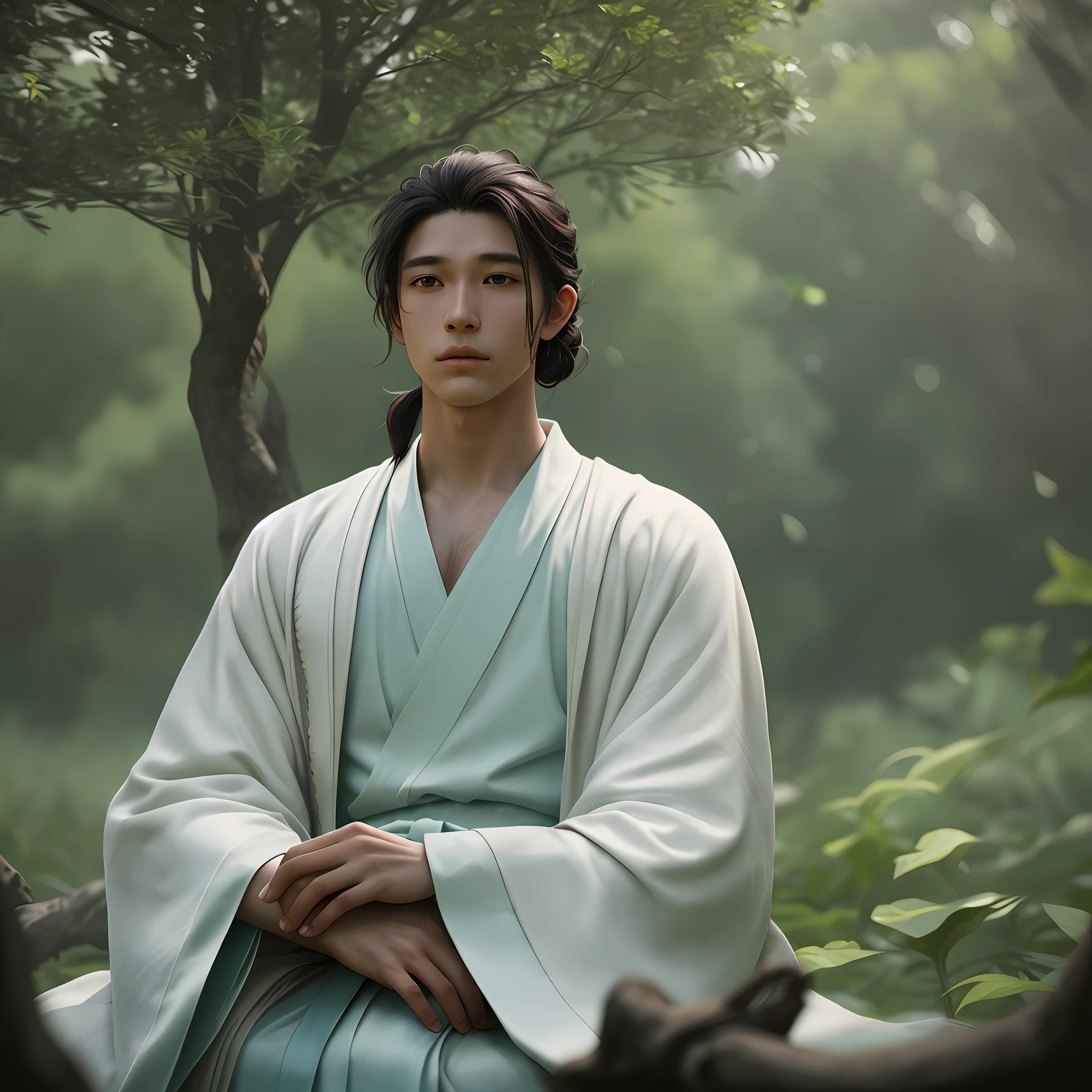 A young man with his hair tied and dressed in a robe, meditating under a tree, His ears are long down,The face is very peaceful, cinematic lighting hyper realistic super details skin texture is very detail, photorealistic expansive photography,