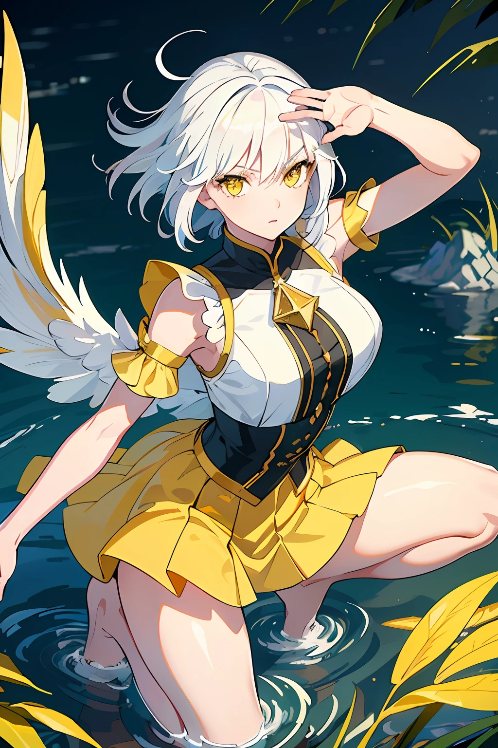 "((best quality)), ((masterpiece)), ((ultra-detailed)), ((dynamic pose)), ((1girl)), ((white hair)), ((yellow eyes)), ((fair skin)), ((crystal clear lake scene))"