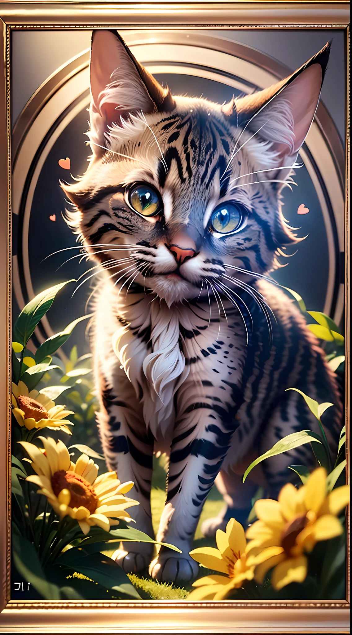 Um filhotinho de gato, fofo, ((vestindo terno e gravata: 1.5)), heart-shaped pupils, smile, grin, high detail, Conceptual art, Renaissance, chiaroscuro, depth of field, cinematic lighting, glowing light, god rays, bloom, chromatic aberration abuse, scanlines, image fill, silhouette, afterimage, border, framed, outside border, rounded corners, viewfinder, chart, isometric, close-up, caustics, UHD, anatomically correct, masterpiece, best quality, 8k