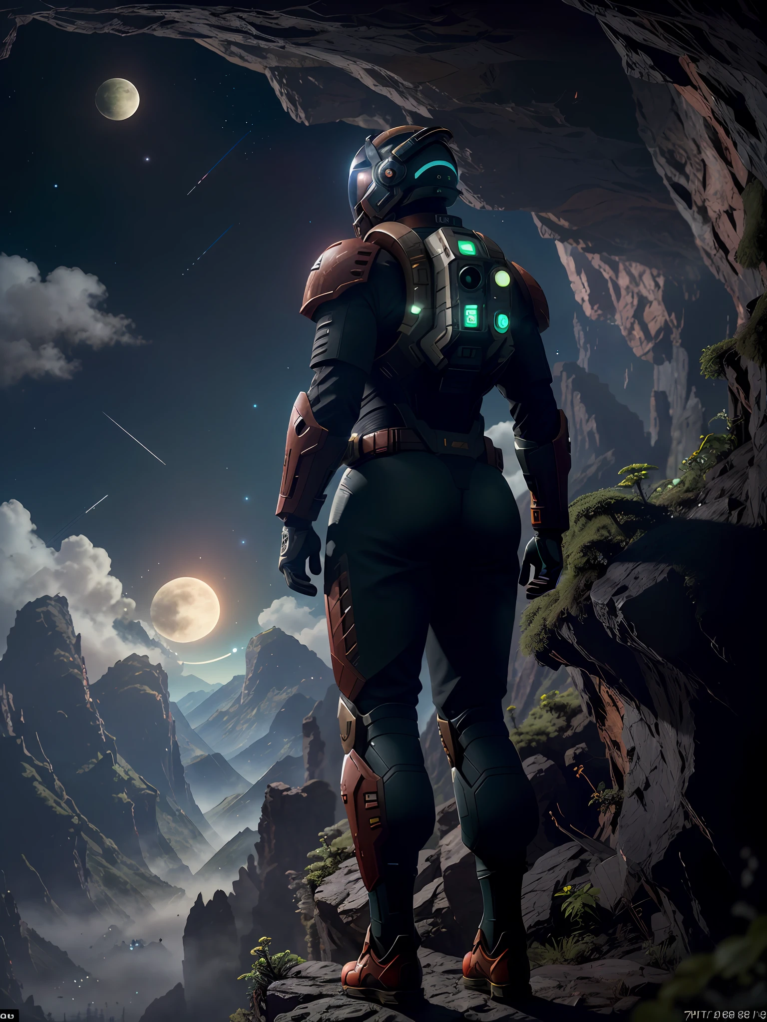 (35mmstyle: 1.2), highly detailed RAW color photo, rear angle, full body, of (male space marine, with white and red spacesuit, futuristic helmet, canned face shield, rebreather, accented booty), outdoor, (standing on the precipice of the high rocky mountain, looking at the lush magical green rainforest on an alien planet), vivid details, (exotic alien planet), toned body, big butt, (science fiction), (mountains: 1.1), (lush green vegetation), (two moons in the sky: 0.8),(one lava planet: 0.9), (very detailed, hyperdetailed, intricate), (lens flare: 0.7), (bloom: 0.7), particle effects, ray tracing, cinematic lighting, shallow depth of field, photographed on a Sony a9 II, 35mm wide-angle lens, sharp focus, Gravity 2013 cinematic film, seen from behind, dynamic angle