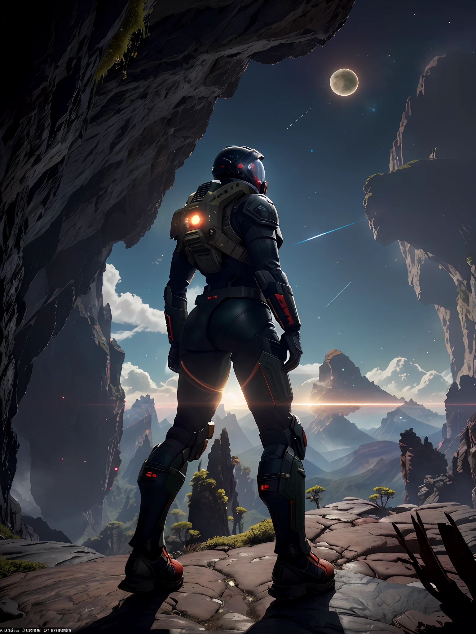 (35mmstyle: 1.2), highly detailed RAW color photo, rear angle, full body, of (male space marine, with white and red spacesuit, futuristic helmet, canned face shield, rebreather, accented booty), outdoor, (standing on the precipice of the high rocky mountain, looking at the lush magical green rainforest on an alien planet), vivid details,  (exotic alien planet), toned body, big butt, (science fiction), (mountains: 1.1), (lush green vegetation), (two moons in the sky: 0.8),(one lava planet: 0.9), (very detailed, hyperdetailed, intricate), (lens flare: 0.7), (bloom: 0.7), particle effects, ray tracing, cinematic lighting, shallow depth of field, photographed on a Sony a9 II, 35mm wide-angle lens,  sharp focus, Gravity 2013 cinematic film, seen from behind, dynamic angle