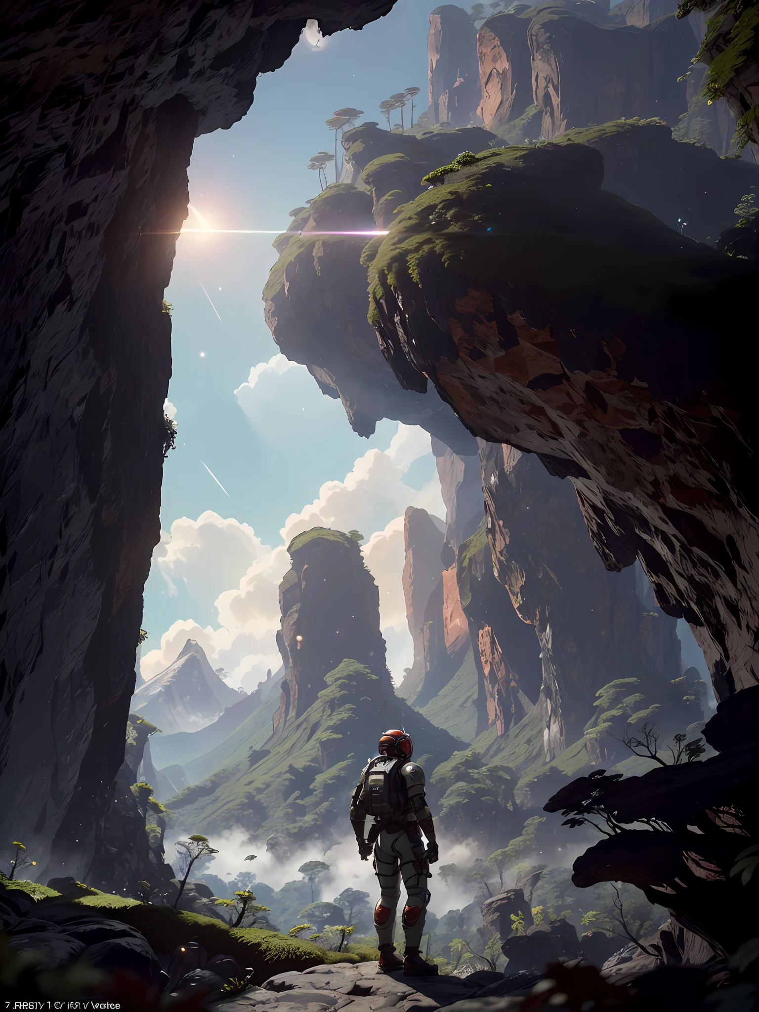 (35mmstyle: 1.2), highly detailed RAW color photo, rear angle, full body, of (male space marine, with white and red spacesuit, futuristic helmet, canned face shield, rebreather, accented booty), outdoor, (standing on the precipice of the high rocky mountain, looking at the lush magical green rainforest on an alien planet), vivid details,  (exotic alien planet), toned body, big butt, (science fiction), (mountains: 1.1), (lush green vegetation), (two moons in the sky: 0.8),(one lava planet: 0.9), (very detailed, hyperdetailed, intricate), (lens flare: 0.7), (bloom: 0.7), particle effects, ray tracing, cinematic lighting, shallow depth of field, photographed on a Sony a9 II, 35mm wide-angle lens,  sharp focus, Gravity 2013 cinematic film, seen from behind, dynamic angle