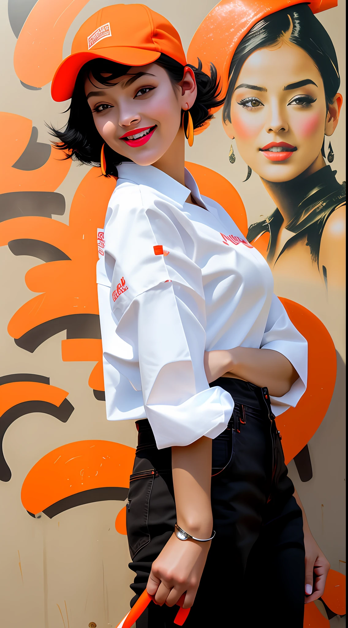 Best quality, realistic, award-winning illustration, (tricky detail: 1.2), (fine detail), (tricky detail), (cinematic lights, best quality), sharp lines, sharp focus, official artwork, 16k, A smile face skinny woman , short soft black hair, messy hair, lipstick, orange cap hat, splash graffiti background, splash dulce de leche, holding a huge opened candy can, a skinny young chef, apron black with orange, jeans, character design by Tibor Czorba, vencedor do concurso behance, les nabis, behance hd, fotografia de estúdio, 16k, white background.