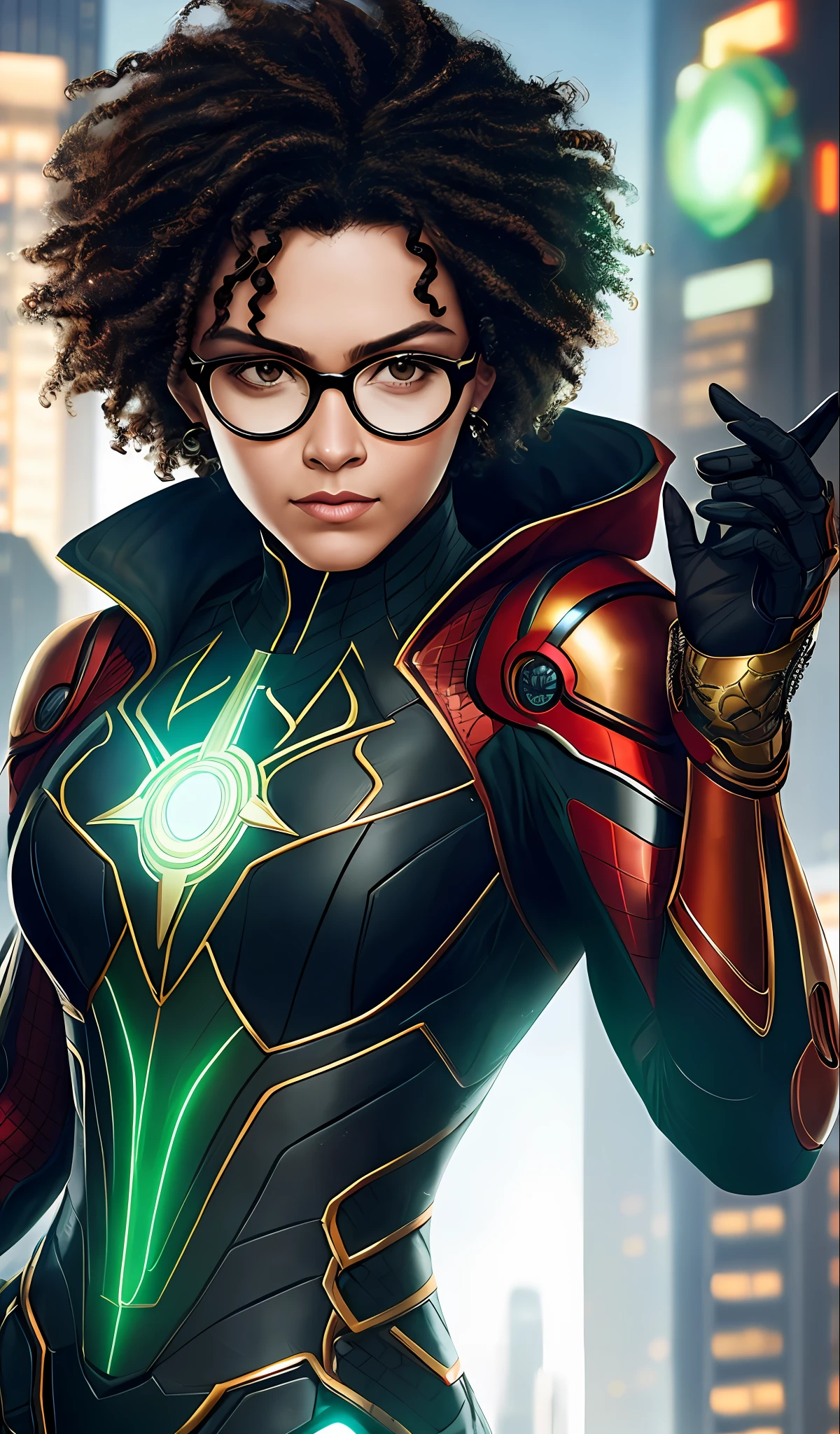 Oliva octavius as iron spider, 8k, cyberpunk, high details, realistic, no mask, woman, full hair, stuck, messy hair, black hair, short curly straight hair, white woman, age 33 years, wearing green glasses