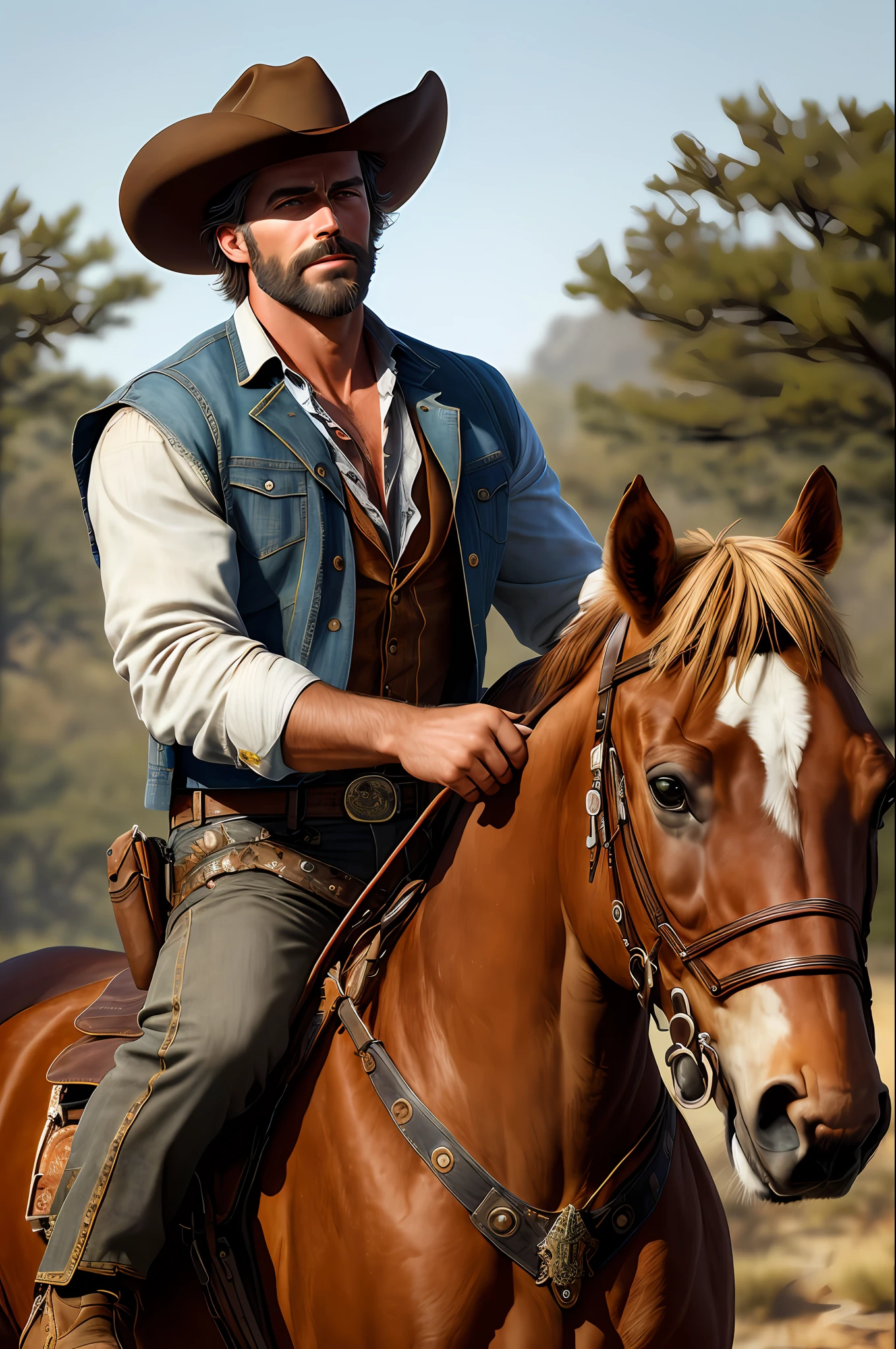 A handsome man with a naked torso rides a horse and exudes confidence, a cowboy hat pulled over his eyes. Wild West with a touch of modern style. The illustrative style draws inspiration from the bold and vibrant works of Charles Marion Russell, known for his Western art. photorealistic, photo, masterpiece, realistic, realism, photorealism, high contrast, photorealistic, detailed, mane texture, ultra detailed, realistic skin texture, armature, best quality, ultra high resolution (photorealistic: 1.4), high resolution, detailed, raw photo, sharp re-sharp, Lee Jeffries film Nikon D850 Stock Photography 4 Kodak Portra 400 cameras, f1.6 lens, rich colors, hyper-realistic realistic texture, Dramatic lighting, UnrealEngine, popular on ArtStation, Cinestill 800,
