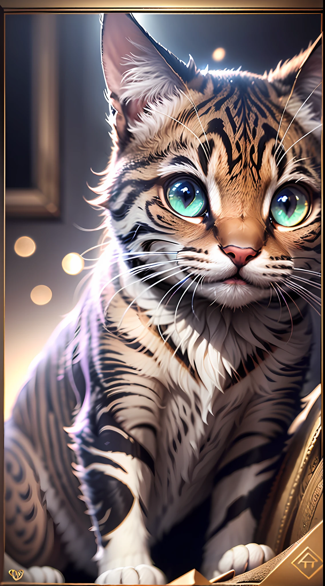 Um filhotinho de gato, fofo, ((vestindo terno e gravata: 1.5)), heart-shaped pupils, smile, grin, high detail, Conceptual art, Renaissance, chiaroscuro, depth of field, cinematic lighting, glowing light, god rays, bloom, chromatic aberration abuse, scanlines, image fill, border, framed, outside border, rounded corners, viewfinder, chart, isometric, close-up, caustics, UHD, anatomically correct, masterpiece, best quality, 8k