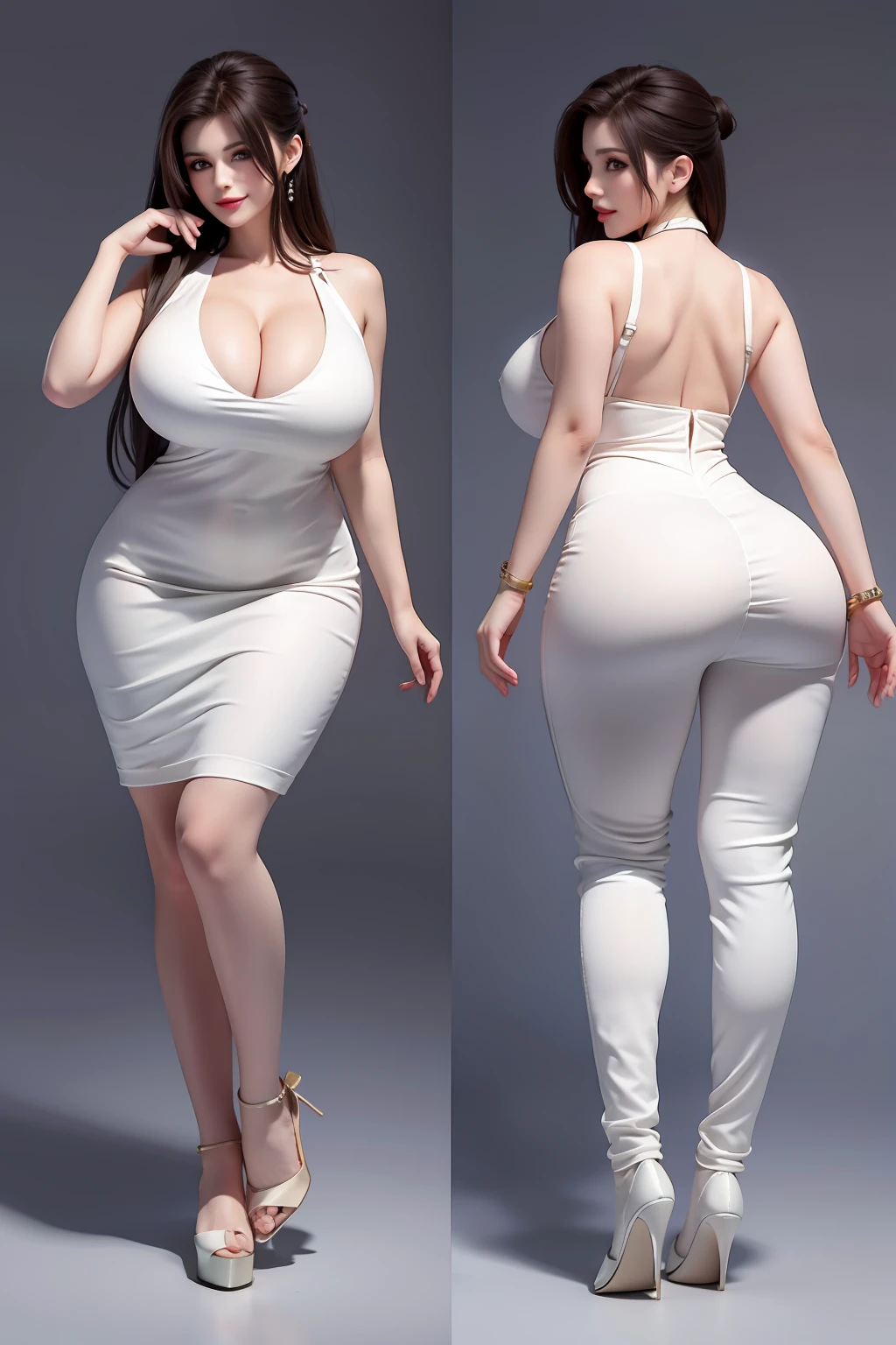 Pretty woman with big breast ; 1:4, tight dress, perfect curvy, clevage, full body, long leg, front and back, huge butt ; 1:4, cleavage,