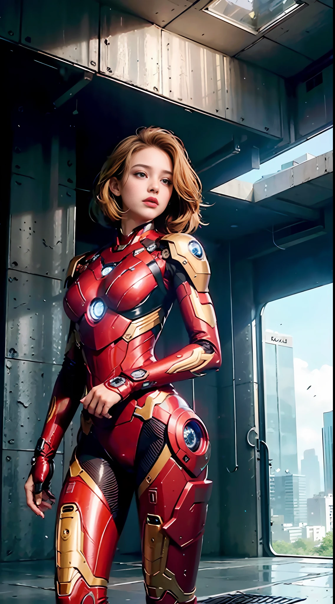 (1girl:1.3), solo,__body-parts__, official art, unity 8k wallpaper, ultra detailed, beautiful and aesthetic, beautiful, masterpiece, best quality, RAW, masterpiece, super fine photo,, best quality, super high Resolution, photorealistic, sunlight, full body portrait, stunningly beautiful,, dynamic pose, delicate face, vibrant eyes, (side view), she is wearing a futuristic Iron Man mech, red and gold, Highly detailed abandoned warehouse background, detailed face, detailed complex busy background, messy, gorgeous, milky, high detailed skin, realistic skin details, visible pores, sharp focus, volumetric fog, 8k uhd, dslr camera, High quality, film grain, fair skin, photorealism, lomography, sprawling metropolis in a futuristic dystopia, view from below, translucent