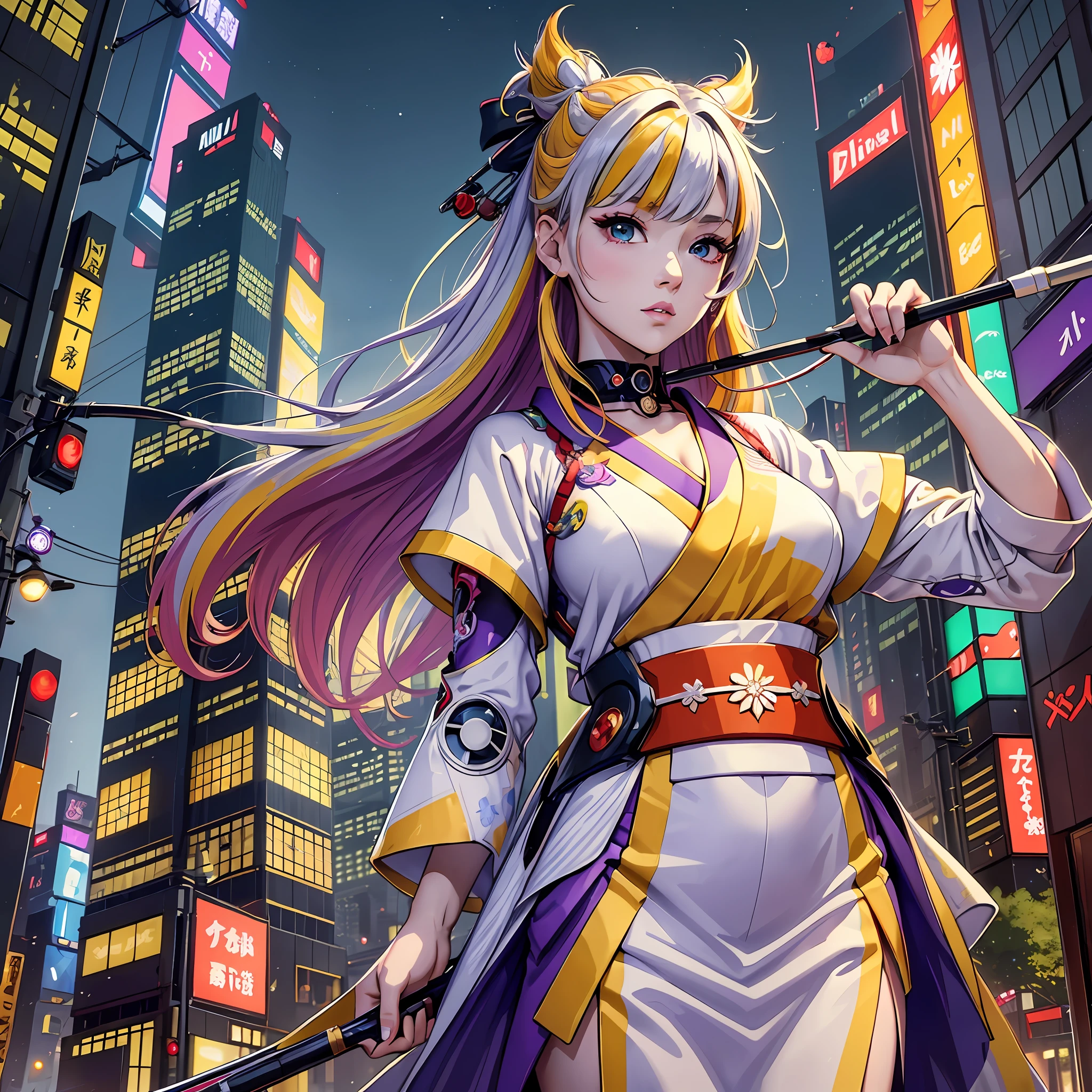 "(((masterpiece)))), maximum quality, ultra-detailed, extremely refined 8k cybernetic metaverse in Japanese style, a dazzling beauty; Dynamic scene shot, a Japanese girl with beautiful eyes, multicolored hair + silver hair: 1.3 + red hair: 1.2 + yellow hair: 1.3 + purple hair + green hair: 1.3, wearing Japanese-style clothes, bow and arrow around the neck, delicate face. Background with scenes of a futuristic city, colorful lights and many impressive details."