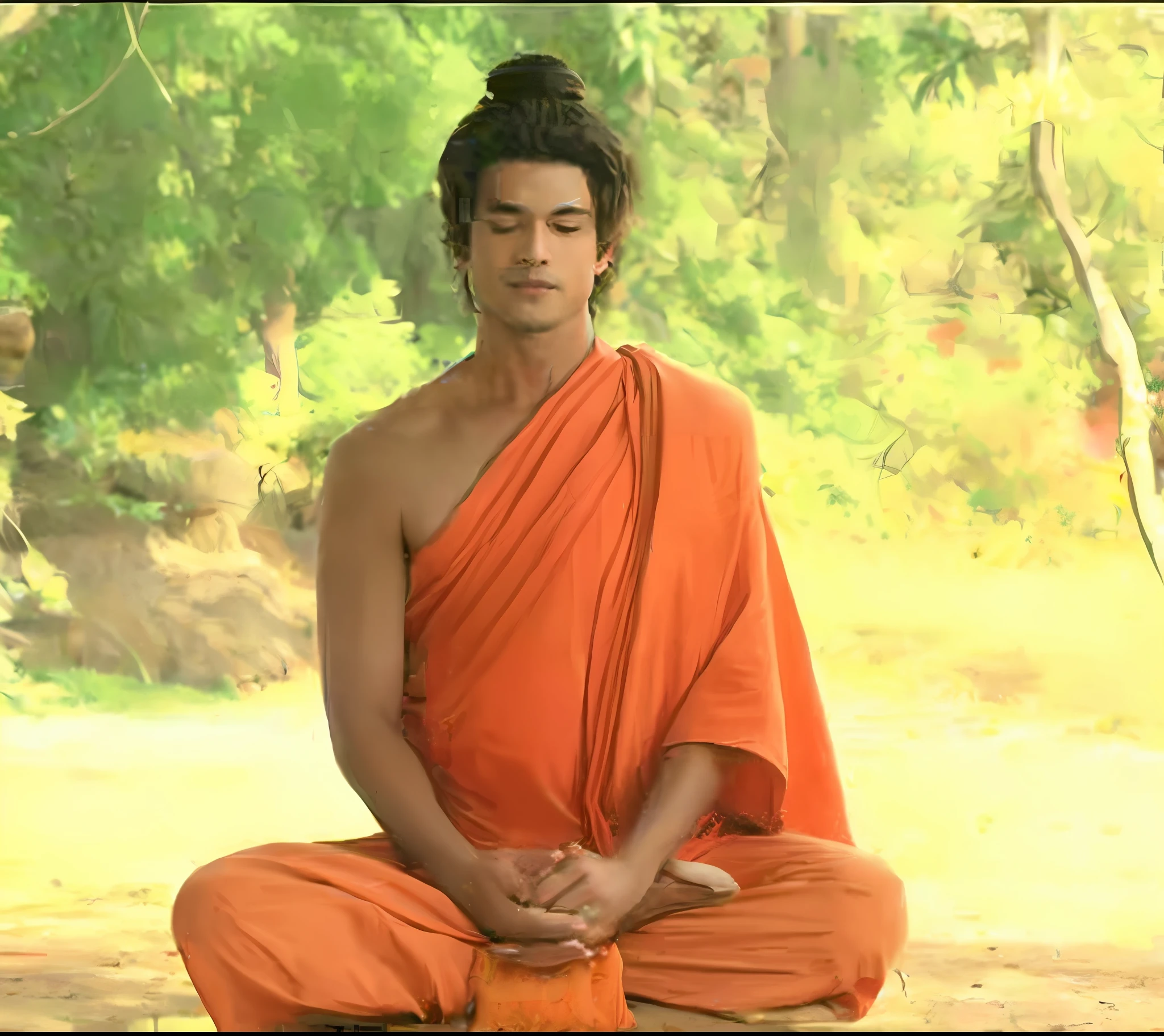 arafed man in orange robe sitting on a bench in a park, hindu stages of meditation, ashoka tano, monk meditate, sukhasana, meditating pose, inspired by Kailash Chandra Meher, buddhist, buddhist monk meditating, buddhism, meditating, goku in real life, pose 4 of 1 6, attractive male deity, padmasana