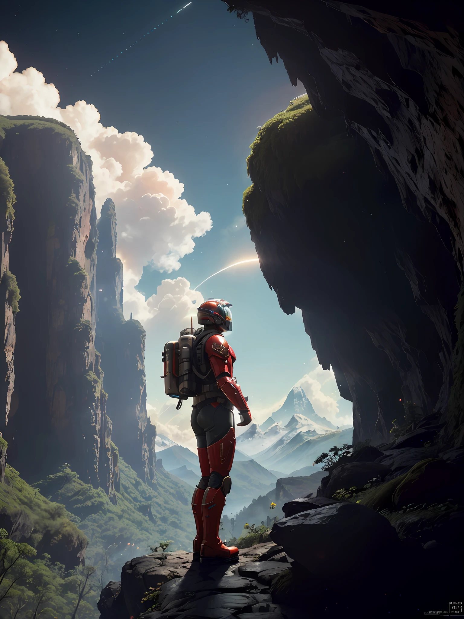 (35mmstyle: 1.2), highly detailed RAW color photo, rear angle, full body, of (male space marine, with white and red spacesuit, futuristic helmet, canned face shield, rebreather, accented boot), with a (cybor dog), outdoors, (standing on the precipice of the high rocky mountain, looking at the lush magical green rainforest on an alien planet),  vivid details, (exotic alien planet), toned body, big butt, (science fiction), (mountains: 1.1), (lush green vegetation), (two moons in the sky: 0.8), (one lava planet: 0.9), (very detailed, hyperdetailed, intricate), (lens flare: 0.7), (bloom: 0.7), particle effects, ray tracing, cinematic lighting, shallow depth of field, photographed on a Sony a9 II, 35mm wide-angle lens,  sharp focus, Gravity 2013 cinematic film, seen from behind, dynamic angle