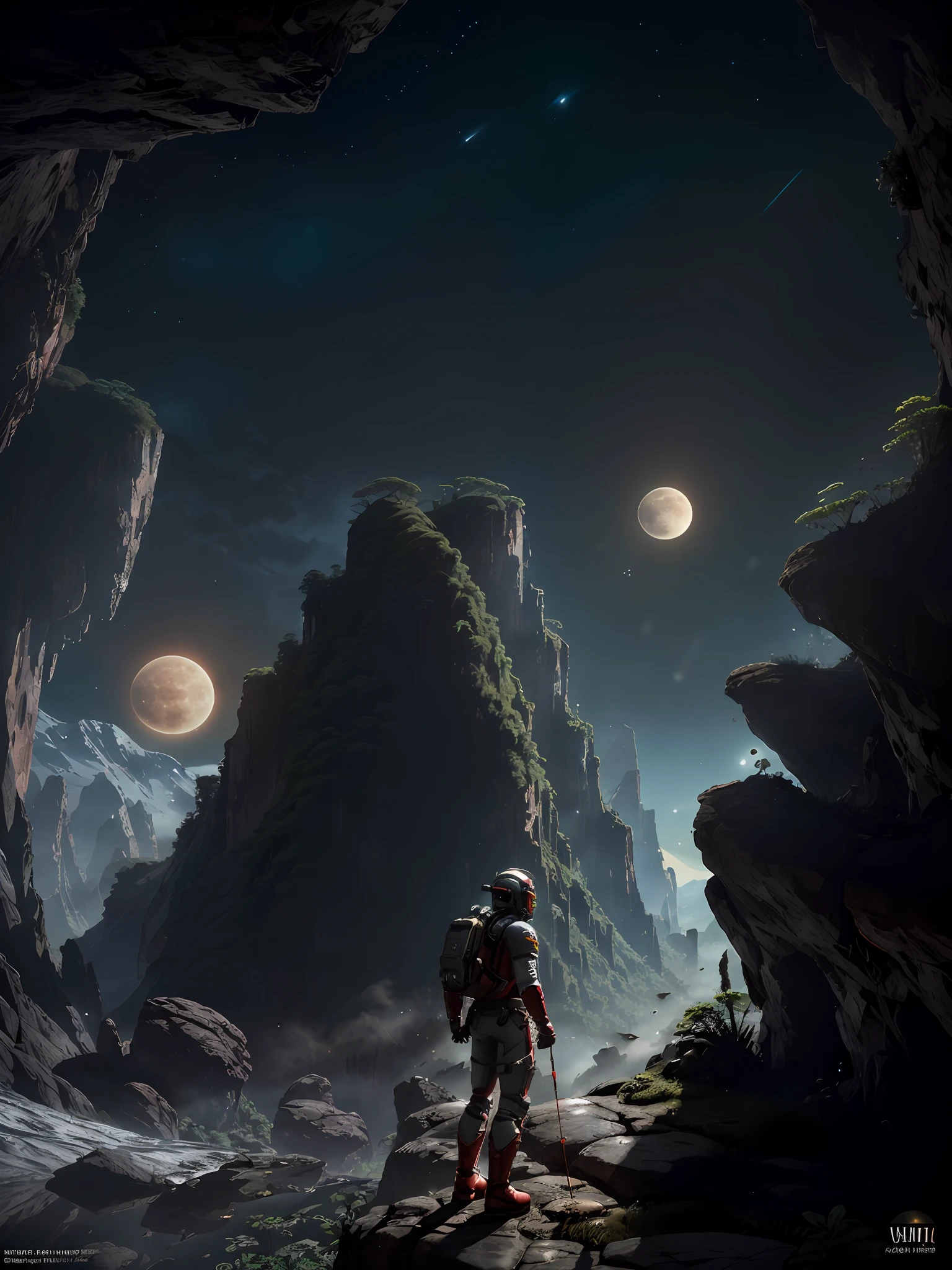 (35mmstyle: 1.2), highly detailed RAW color photo, rear angle, full body, of (male space marine, with white and red spacesuit, futuristic helmet, canned face shield, rebreather, accented boot), with a (cybor dog), outdoors, (standing on the precipice of the high rocky mountain, looking at the lush magical green rainforest on an alien planet),  vivid details, (exotic alien planet), toned body, big butt, (science fiction), (mountains: 1.1), (lush green vegetation), (two moons in the sky: 0.8), (one lava planet: 0.9), (very detailed, hyperdetailed, intricate), (lens flare: 0.7), (bloom: 0.7), particle effects, ray tracing, cinematic lighting, shallow depth of field, photographed on a Sony a9 II, 35mm wide-angle lens,  sharp focus, Gravity 2013 cinematic film, seen from behind, dynamic angle