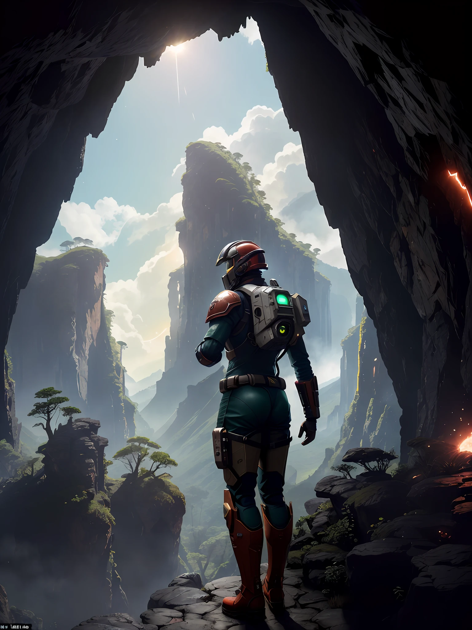 (35mmstyle: 1.2), highly detailed RAW color photo, rear angle, full body, of (male space marine, with white and red spacesuit, futuristic helmet, canned face shield, rebreather, accented boot), with a (cybor dog), outdoors, (standing on the precipice of the high rocky mountain, looking at the lush magical green rainforest on an alien planet), vivid details, (exotic alien planet), toned body, big butt, (science fiction), (mountains: 1.1), (lush green vegetation), (two moons in the sky: 0.8), (one lava planet: 0.9), (very detailed, hyperdetailed, intricate), (lens flare: 0.7), (bloom: 0.7), particle effects, ray tracing, cinematic lighting, shallow depth of field, photographed on a Sony a9 II, 35mm wide-angle lens, sharp focus, Gravity 2013 cinematic film, seen from behind, dynamic angle