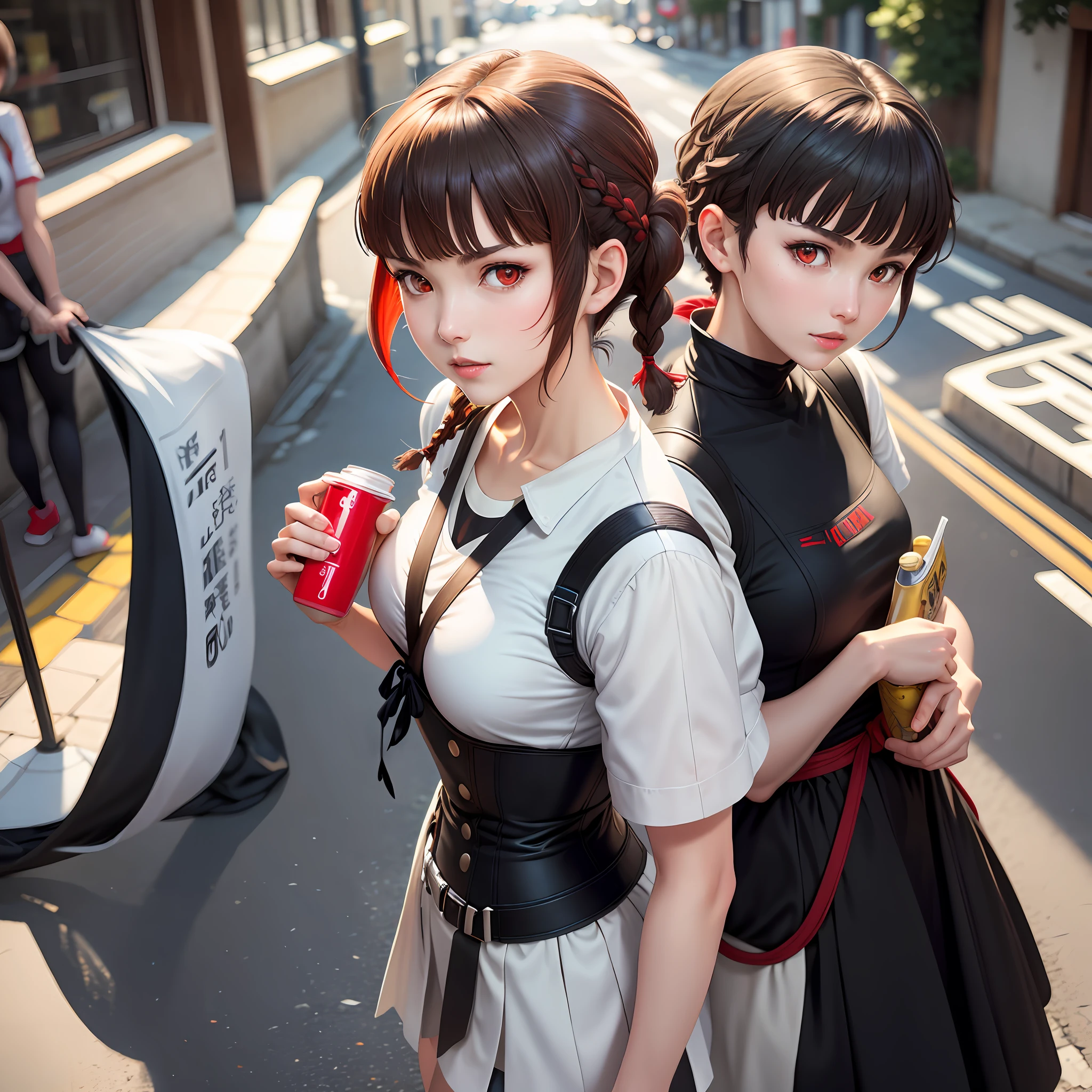 Solo, Makoto_Niijima (from persona 5, 1female, white skin, japanese, red eyes, short brown hair with braid on top) taking a cute picture on the street. ((obra-prima), melhor qualidade, ultra alta resolução)