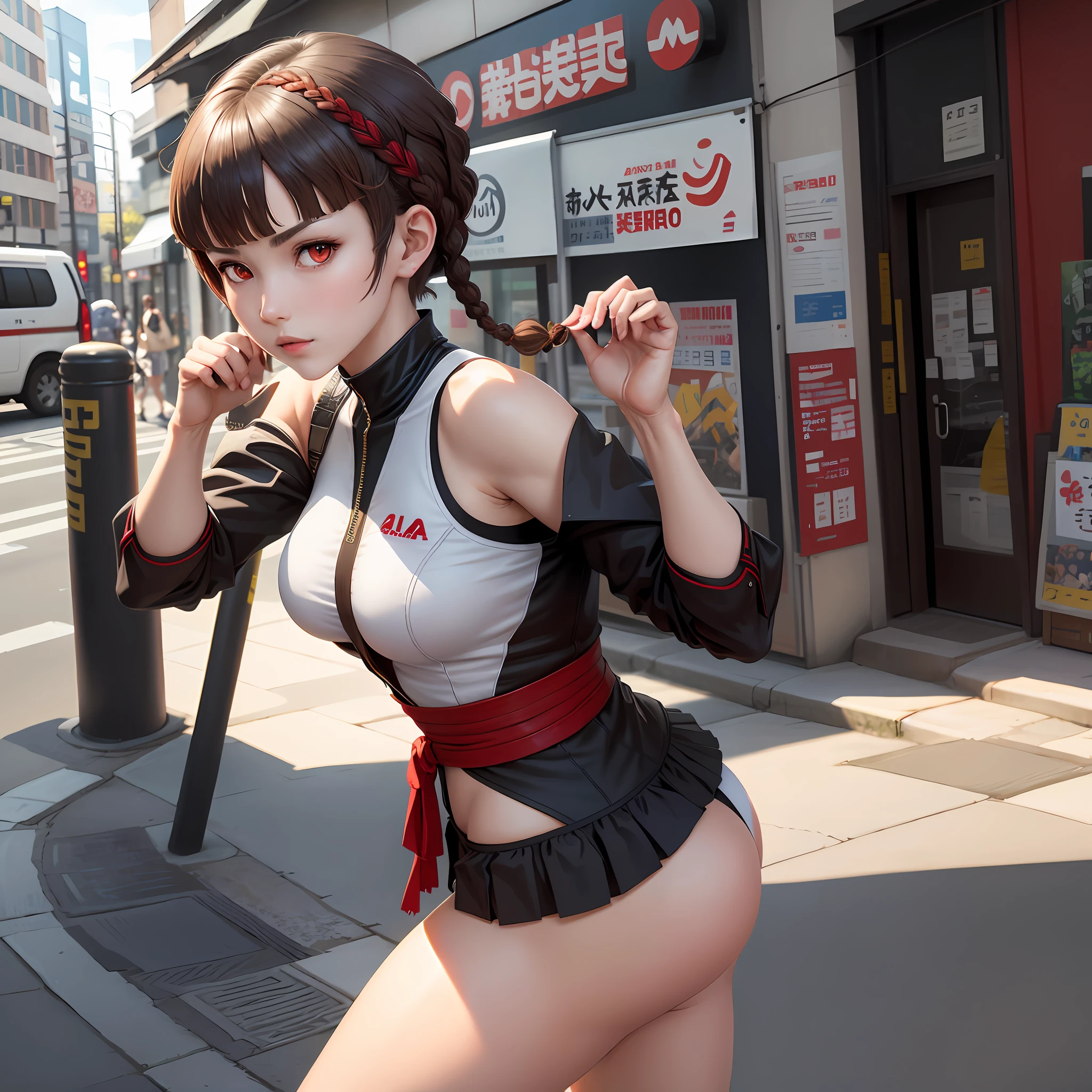 Solo, Makoto_Niijima (from persona 5, 1female, white skin, japanese, red eyes, short brown hair with braid on top) taking a cute picture on the street. ((obra-prima), melhor qualidade, ultra alta resolução)