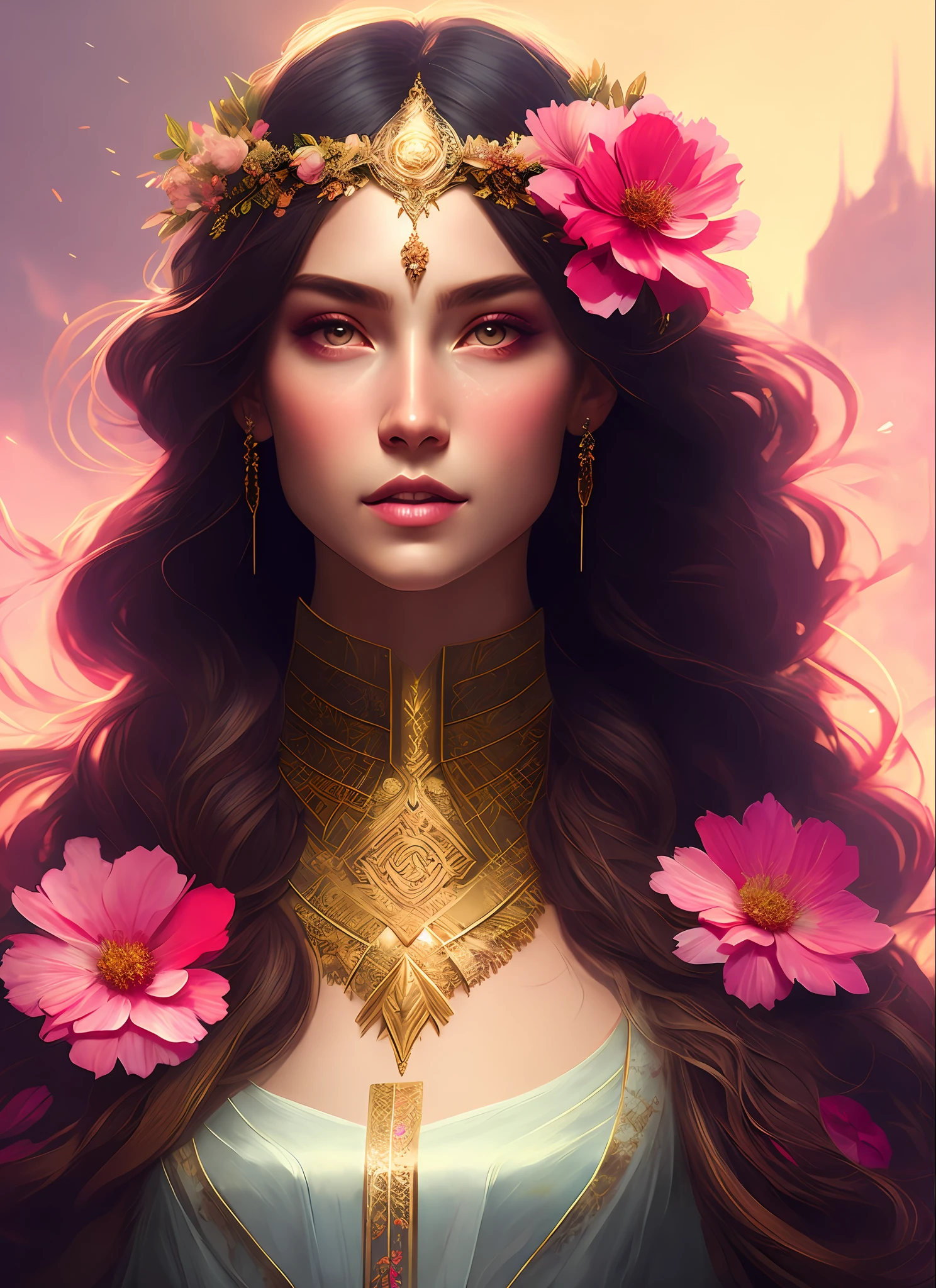 (samdoesart:1.1) (dreamlikeart:1)  kuvshinov (symmetry:1.1) (portrait of floral:1.05) a woman as a beautiful goddess, (assassins creed style:0.8), pink and gold and opal color scheme, beautiful intricate filegrid facepaint, intricate, elegant, highly detailed, digital painting, artstation, concept art, smooth, sharp focus, illustration, art by greg rutkowski and alphonse mucha, 8k, Neon Collage