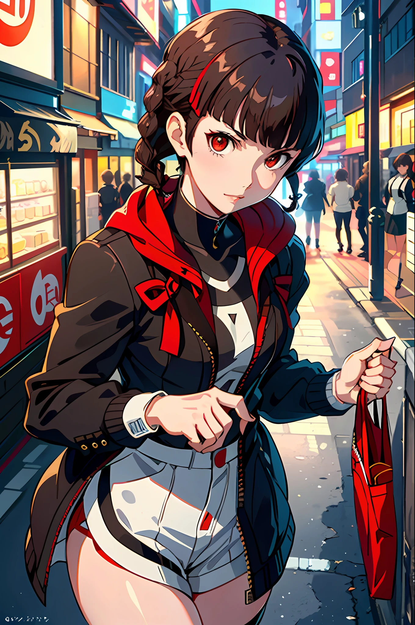 Solo, Makoto_Niijima (from persona 5, 1female, white skin, japanese, red eyes, short brown hair with braid on top) taking a cute picture on the street. ((obra-prima), melhor qualidade, ultra alta resolução)