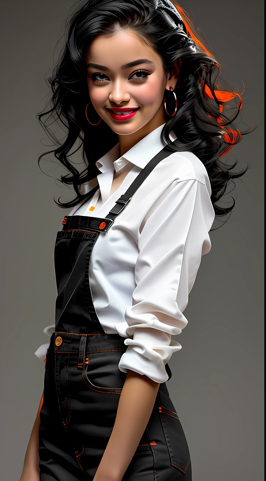 Best quality, realistic, award-winning illustration, (complicated detail: 1.2), (fine detail), (complicated detail), (cinematic lights, best quality), sharp lines, sharp focus, official art, 16k, A beautiful woman smiling, medium soft and black hair, messy hair, wearing lipstick, wearing black cap with orange, splash graphite background, splash dulce de leche, holding a can of candy, a beautiful young boss, wearing black apron with orange, wearing jeans, character design by Tibor Czorba, winner of the behance contest, les nabis, behance hd, studio photography, 16k, white background.