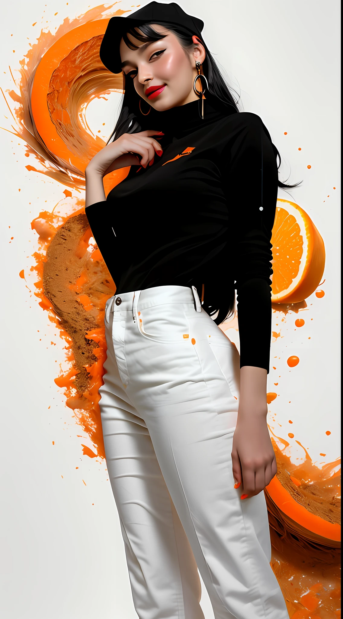 Best quality, realistic, award-winning illustration, (complicated detail: 1.2), (fine detail), (complicated detail), (cinematic lights, best quality), sharp lines, sharp focus, official art, 16k, A beautiful woman smiling, medium soft and black hair, messy hair, wearing lipstick, wearing black cap with orange, splash graphite background, splash dulce de leche, holding a can of candy, a beautiful young boss, wearing black apron with orange, wearing jeans, character design by Tibor Czorba, winner of the behance contest, les nabis, behance hd, studio photography, 16k, white background.