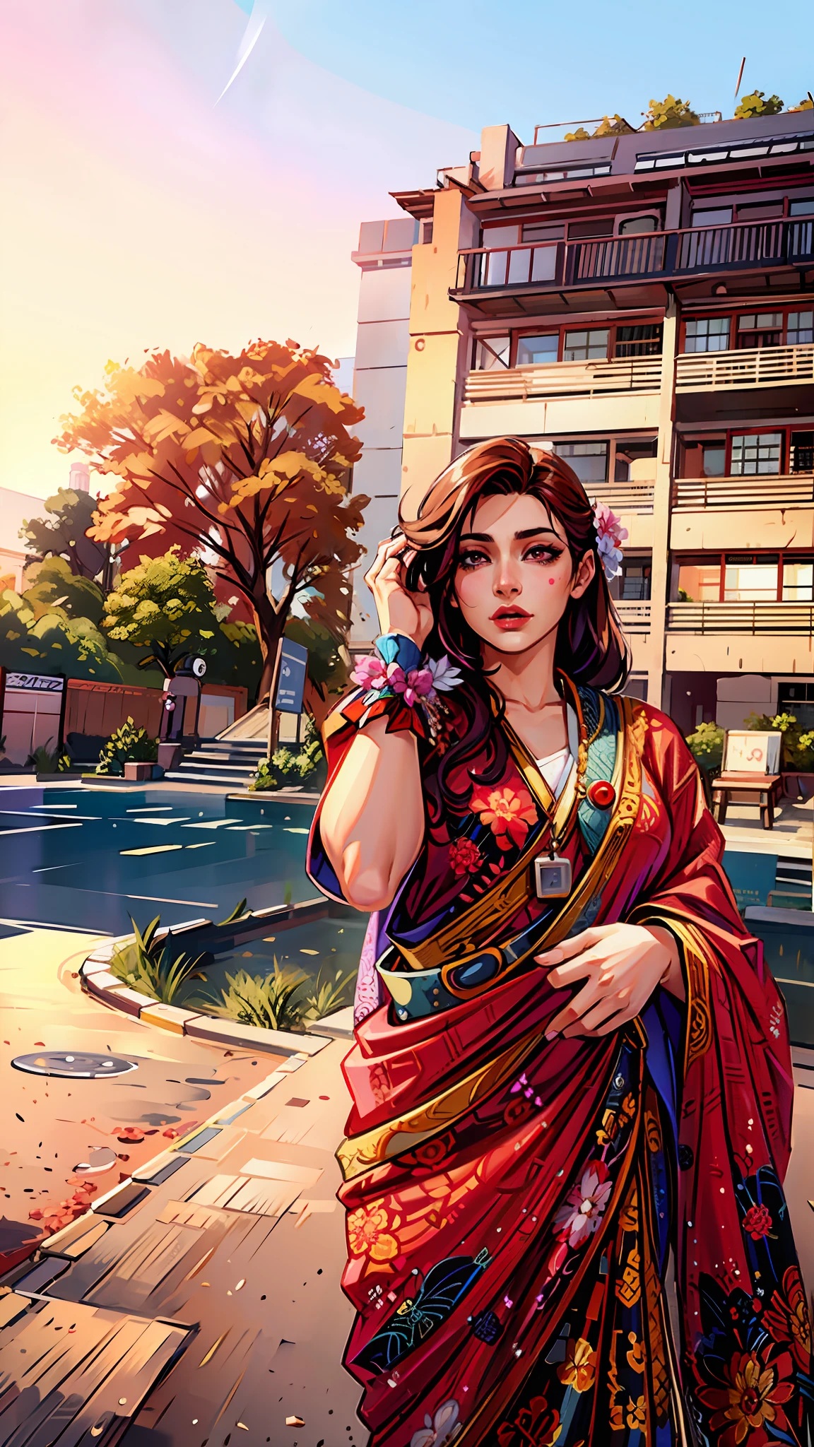 (masterpiece),(best quality:1.0), (ultra highres:1.0), detailed illustration, 8k, anime, 1girl, beautiful anime girl, in a sari, wearing a pink sari, pretty pose, pretty face, detailed face, beautiful eyes, dark red eyes, detailed eyes, red lips, red lipstick, slightly brown hair, pink flower on ear, highlights in hair, standing, red flowers on a tree in the back, open sky with clouds, detailed, intricate, anime style, highly detailed