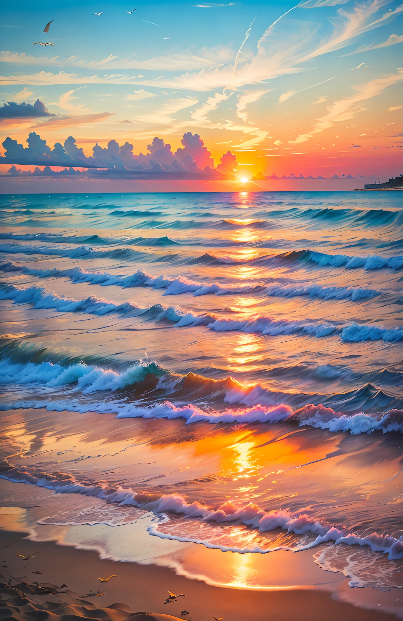 An absolutely mesmerizing sunset over the beach, with a blend of oranges, pinks, and yellows filling the sky. Crystal-clear waters of the sea gently kissing the shore, with sandy white beach stretching far and wide. The scene is dynamic and breathtaking, with seagulls soaring high in the sky and gently swaying palm trees. Take in the calming atmosphere and let the peacefulness wash over you.
