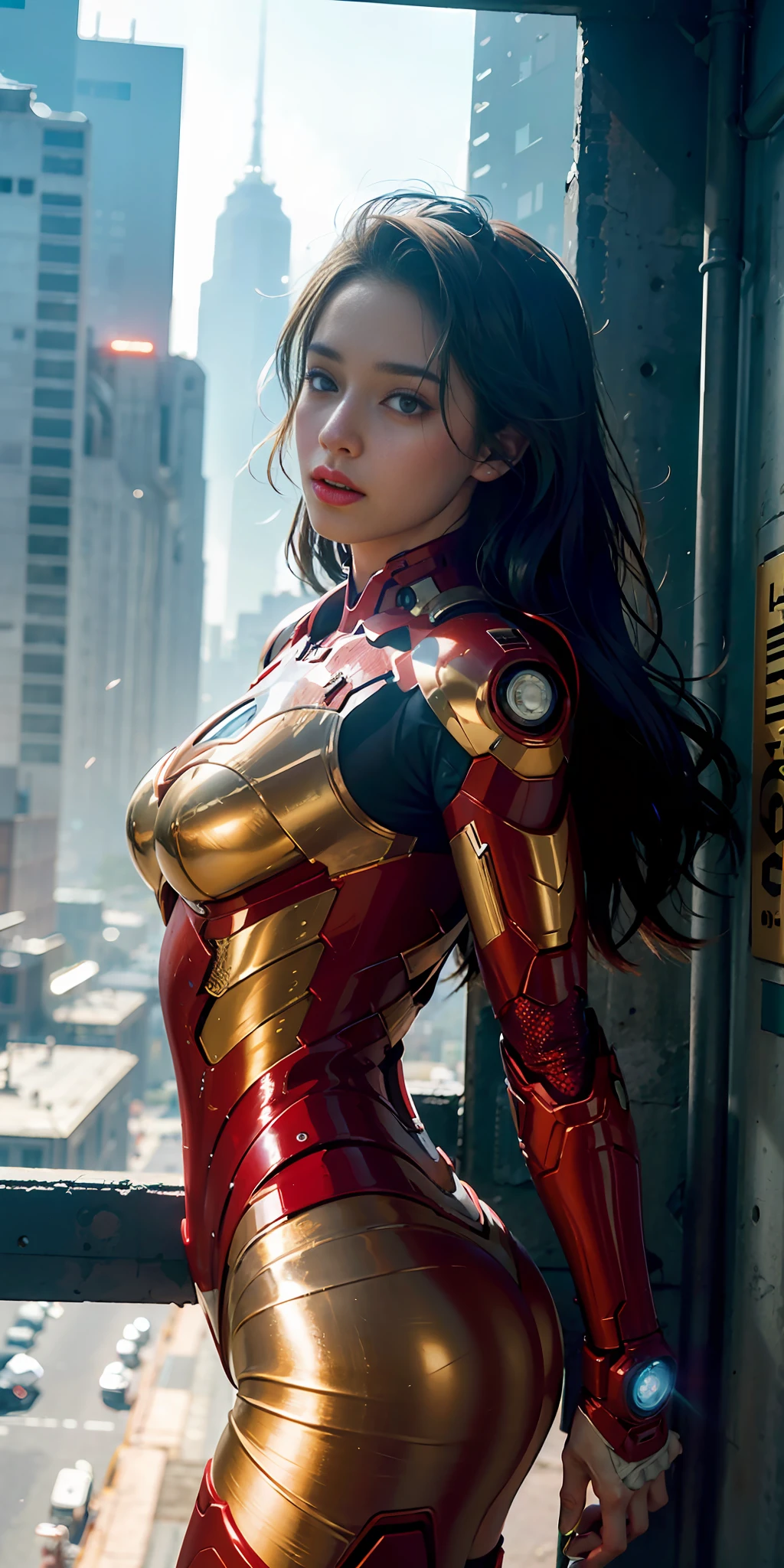 (1girl:1.3), solo, __body-parts__, official art, unified 8k wallpaper, super detailed, beautiful and aesthetic, beautiful, masterpiece, best quality, raw, masterpiece, super fine photo, best quality, super high resolution, photorealistic photo, sunlight, full-body portrait, amazingly beautiful, sexy, hot, dynamic pose, delicate face, vibrant eyes, (viewed from the side), she is wearing a futuristic Iron Man mech, red and gold color scheme, Very detailed abandoned warehouse background, detailed face, detailed complex busy background, messy, gorgeous, milky white, highly detailed skin, realistic skin details, visible pores, sharp focus, volumetric fog, 8k UHD, DSLR camera, high quality, film grain, fair skin, photo realism, lomography, huge metropolis in future dystopia, seen from below, translucent